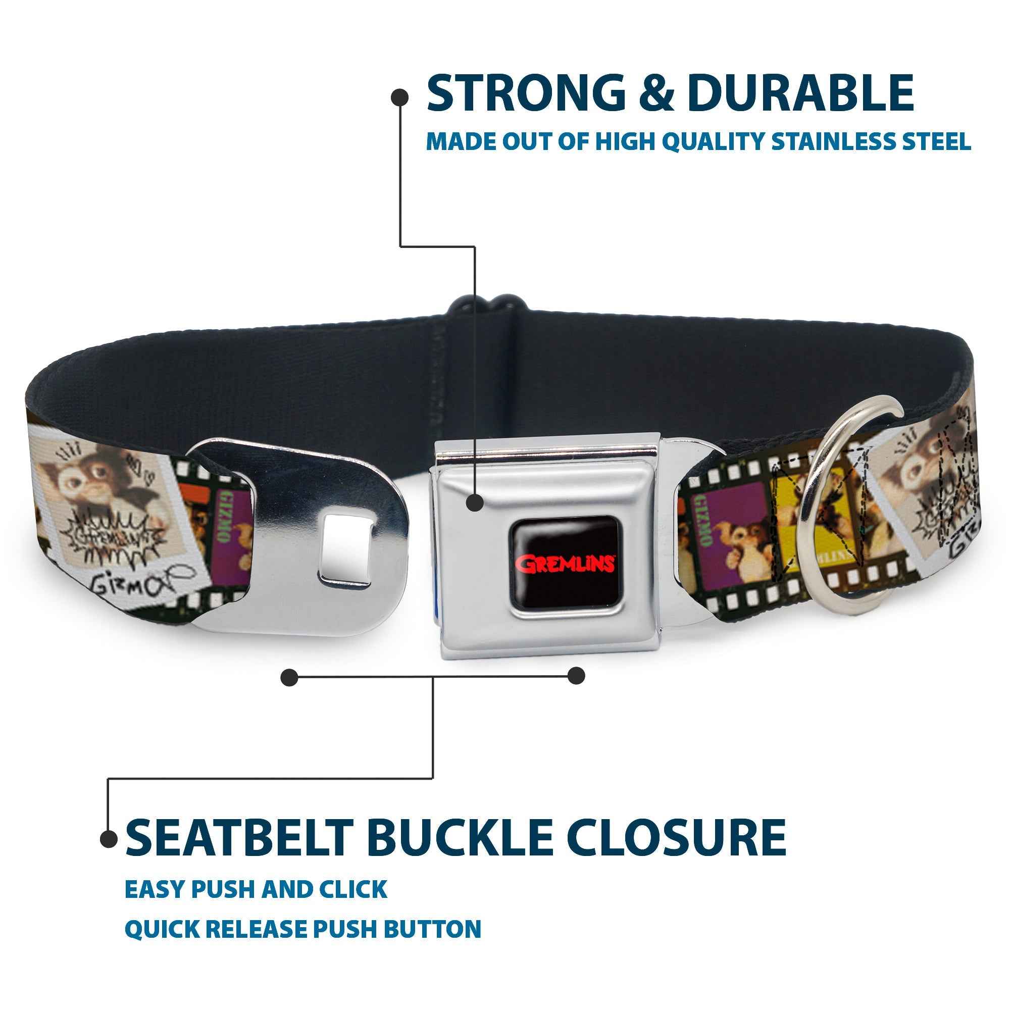 Buckle-Down Gremlins Text Logo Full Color Black/Red Seatbelt Buckle Dog Collar - Gremlins Gizmo Filmstrip Poses Multicolor