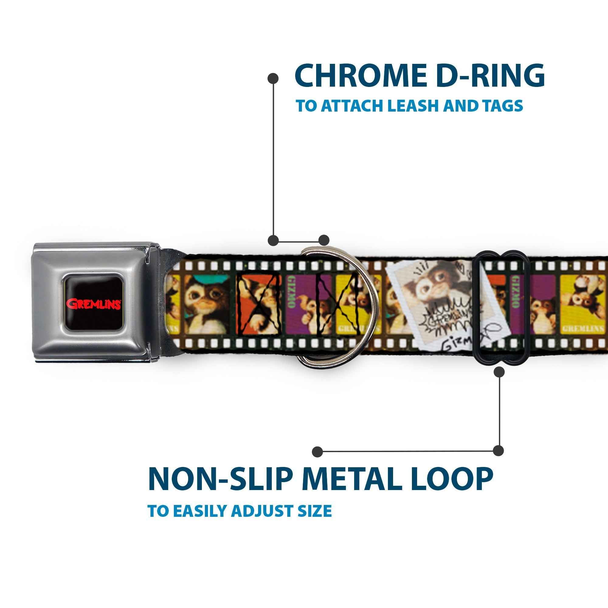 Buckle-Down Gremlins Text Logo Full Color Black/Red Seatbelt Buckle Dog Collar - Gremlins Gizmo Filmstrip Poses Multicolor
