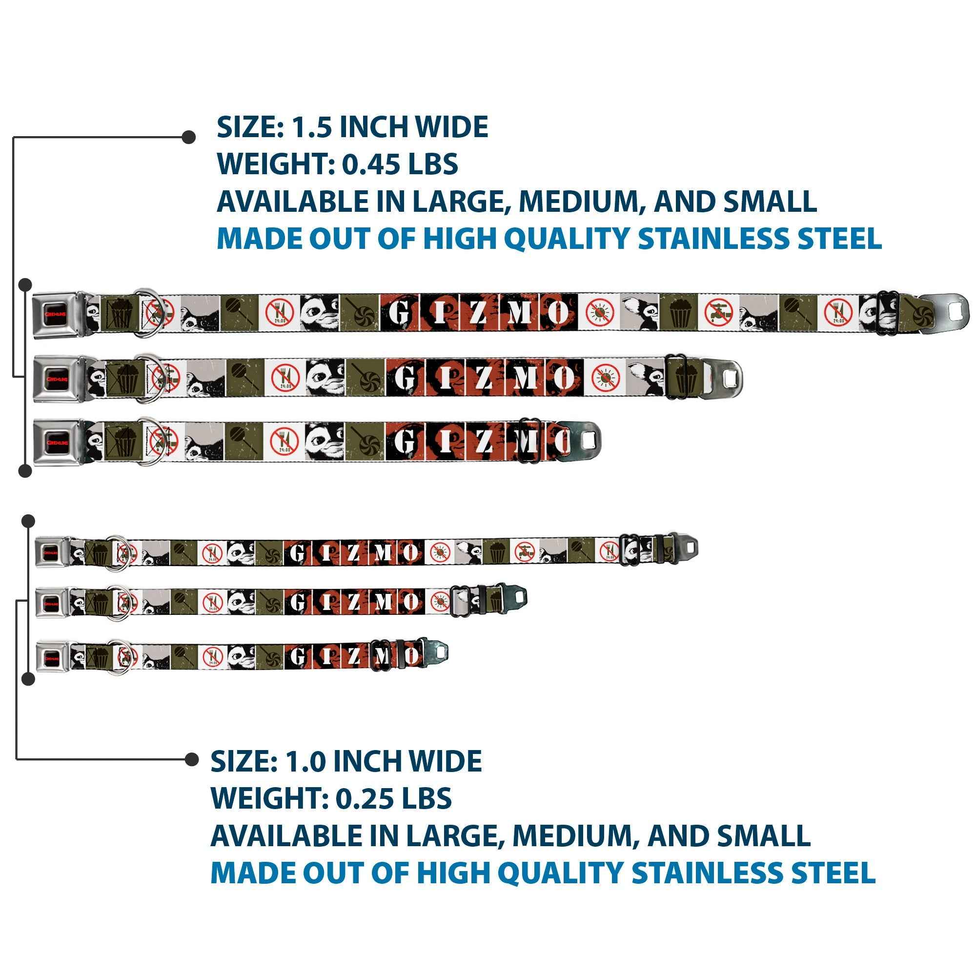 Buckle-Down Gremlins Text Logo Full Color Black/Red Seatbelt Buckle Dog Collar - Gremlins Gizmo Poses/Rules Blocks Red/Greens/Grays/White