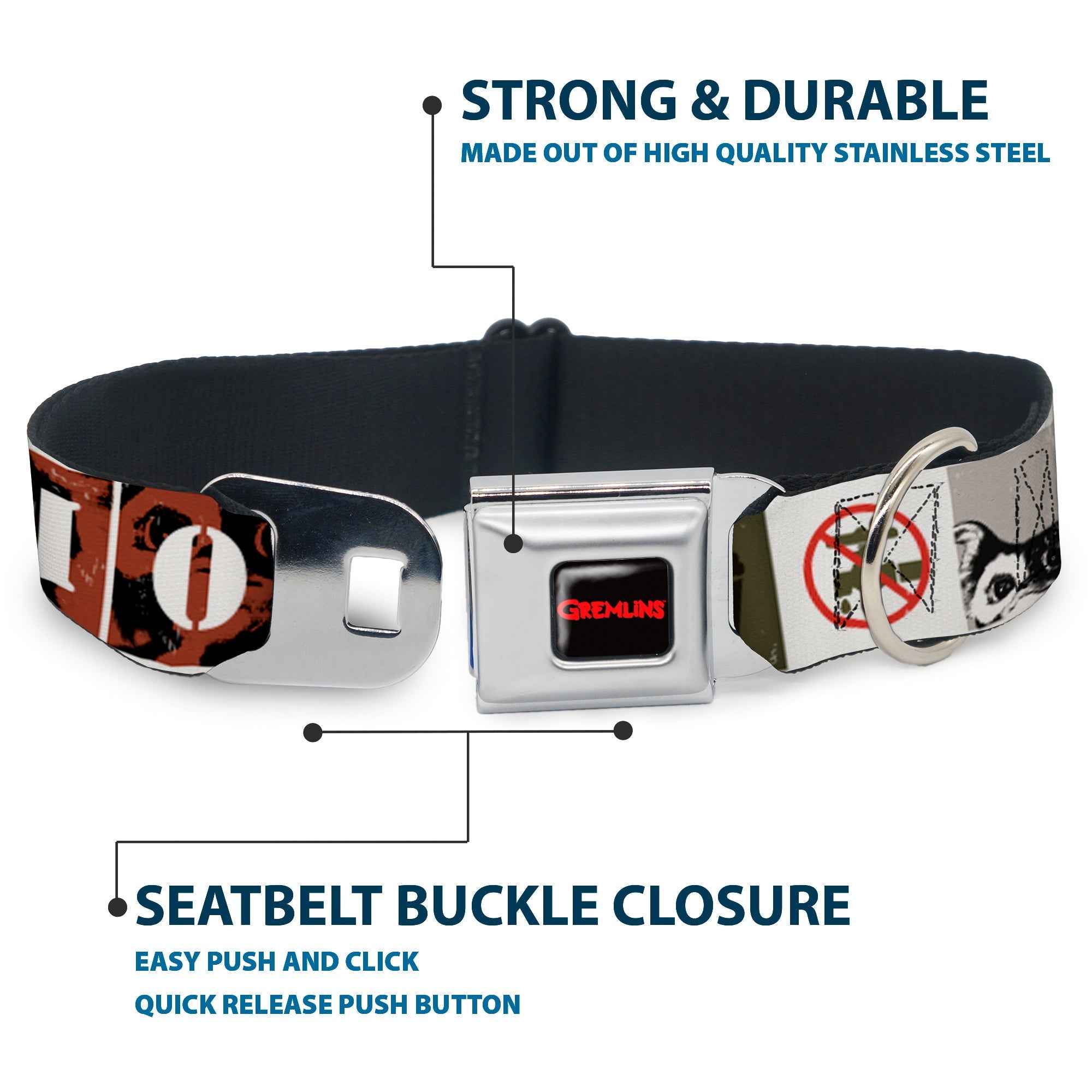 Buckle-Down Gremlins Text Logo Full Color Black/Red Seatbelt Buckle Dog Collar - Gremlins Gizmo Poses/Rules Blocks Red/Greens/Grays/White
