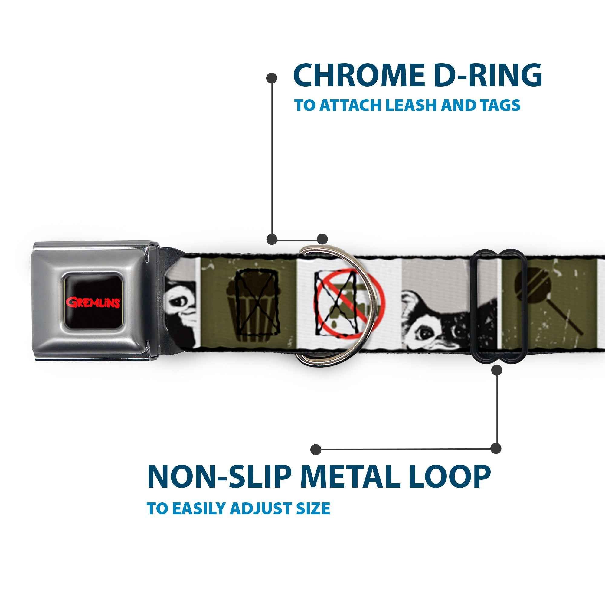 Buckle-Down Gremlins Text Logo Full Color Black/Red Seatbelt Buckle Dog Collar - Gremlins Gizmo Poses/Rules Blocks Red/Greens/Grays/White