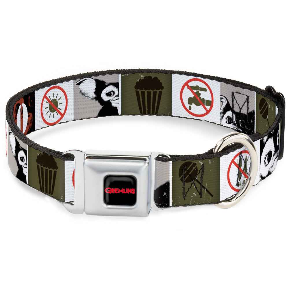 Buckle-Down Gremlins Text Logo Full Color Black/Red Seatbelt Buckle Dog Collar - Gremlins Gizmo Poses/Rules Blocks Red/Greens/Grays/White