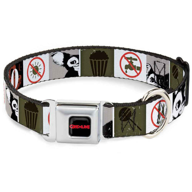 Buckle-Down Gremlins Text Logo Full Color Black/Red Seatbelt Buckle Dog Collar - Gremlins Gizmo Poses/Rules Blocks Red/Greens/Grays/White