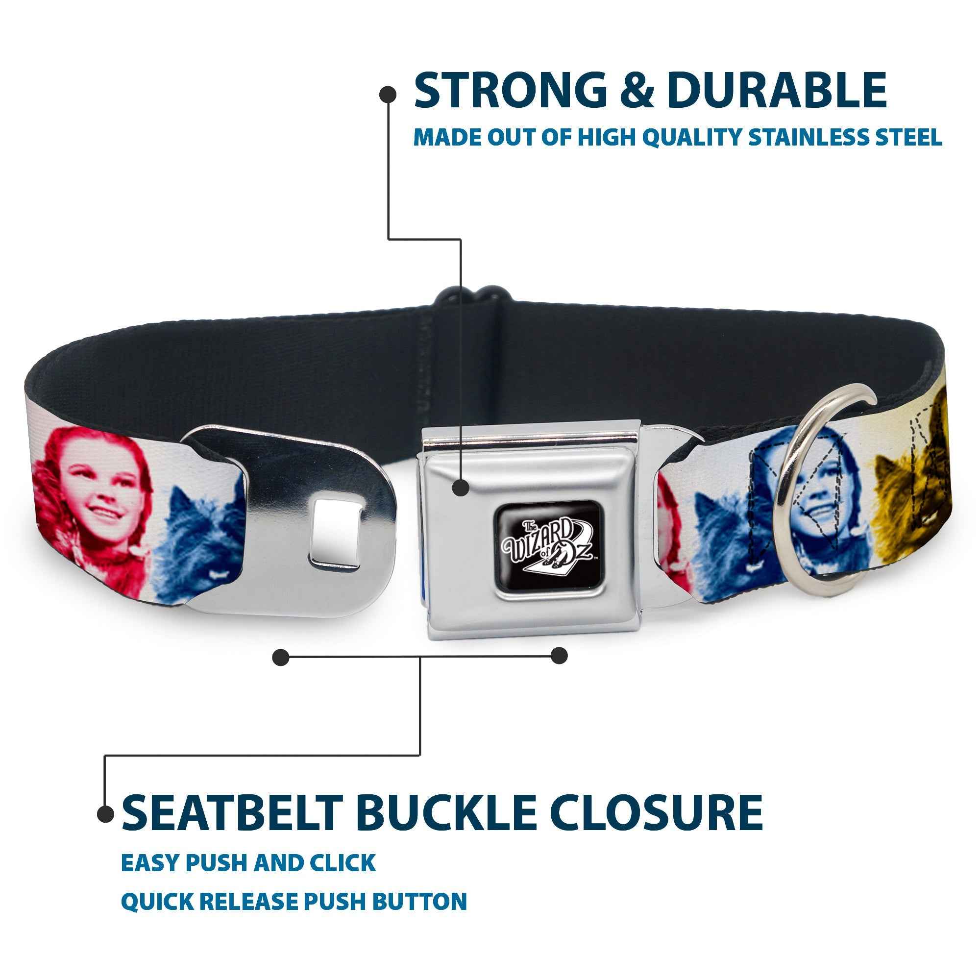 Buckle-Down The Wizard Of Oz Title Logo Black/White & Dorothy and Toto Pose Blocks Seatbelt Buckle Dog Collar