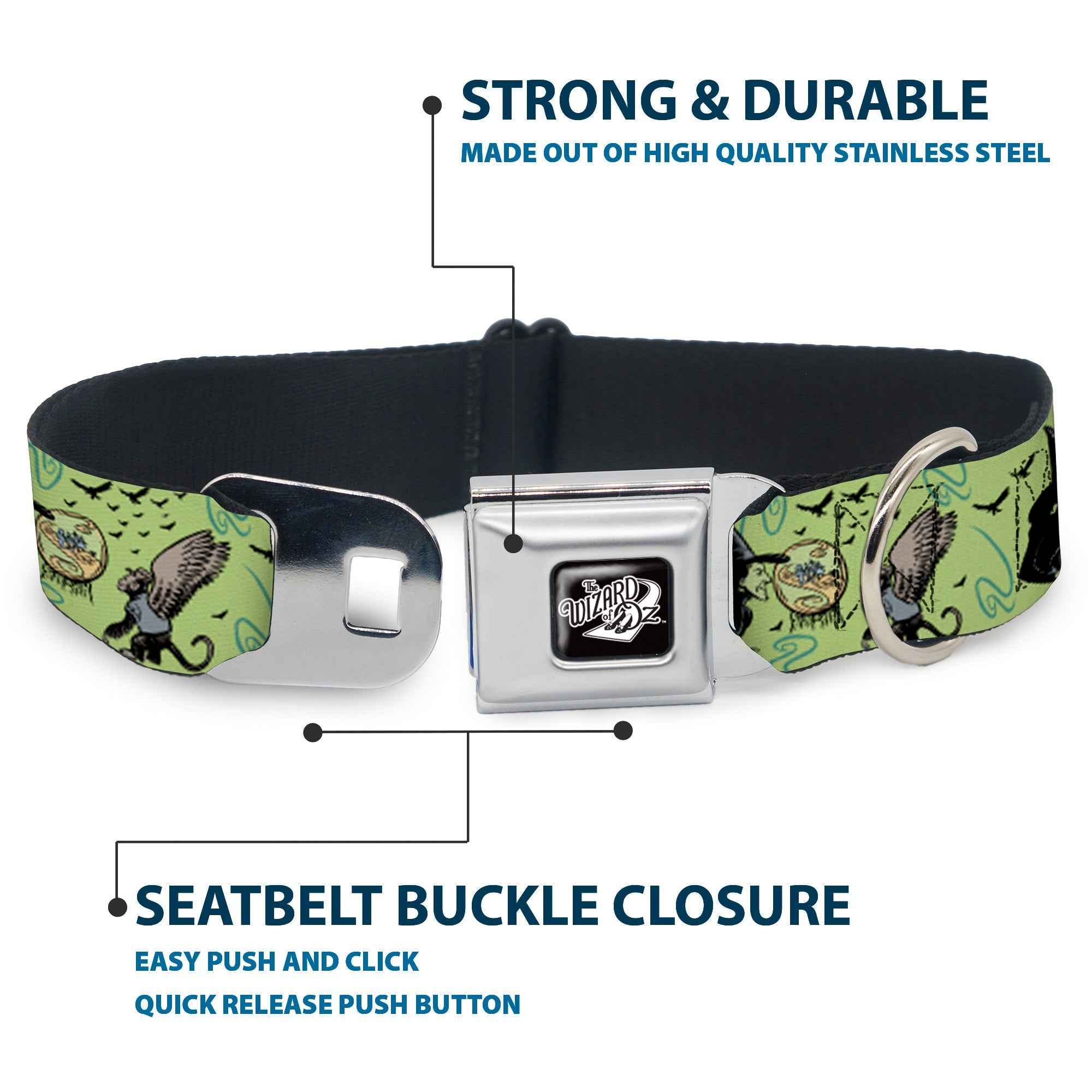 Buckle-Down The Wizard Of Oz Title Logo Black/White & Wicked Witch of the West and Flying Monkeys Seatbelt Buckle Dog Collar