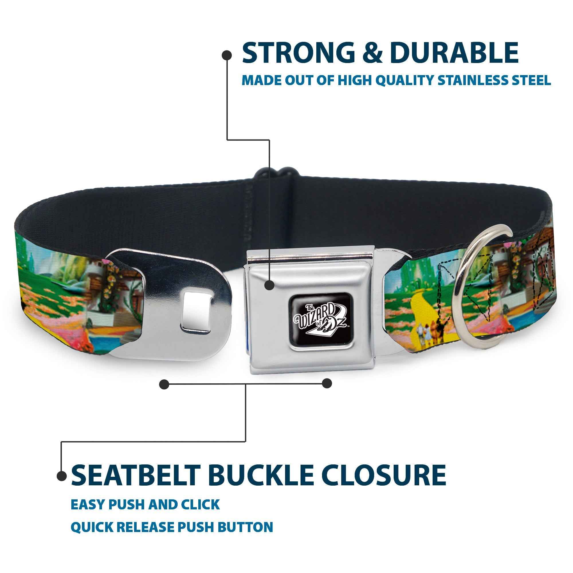 Buckle-Down The Wizard Of Oz Title Logo Full Color Black/White Seatbelt Buckle Dog Collar - The Wizard of Oz Yellow Brick Road Scenes
