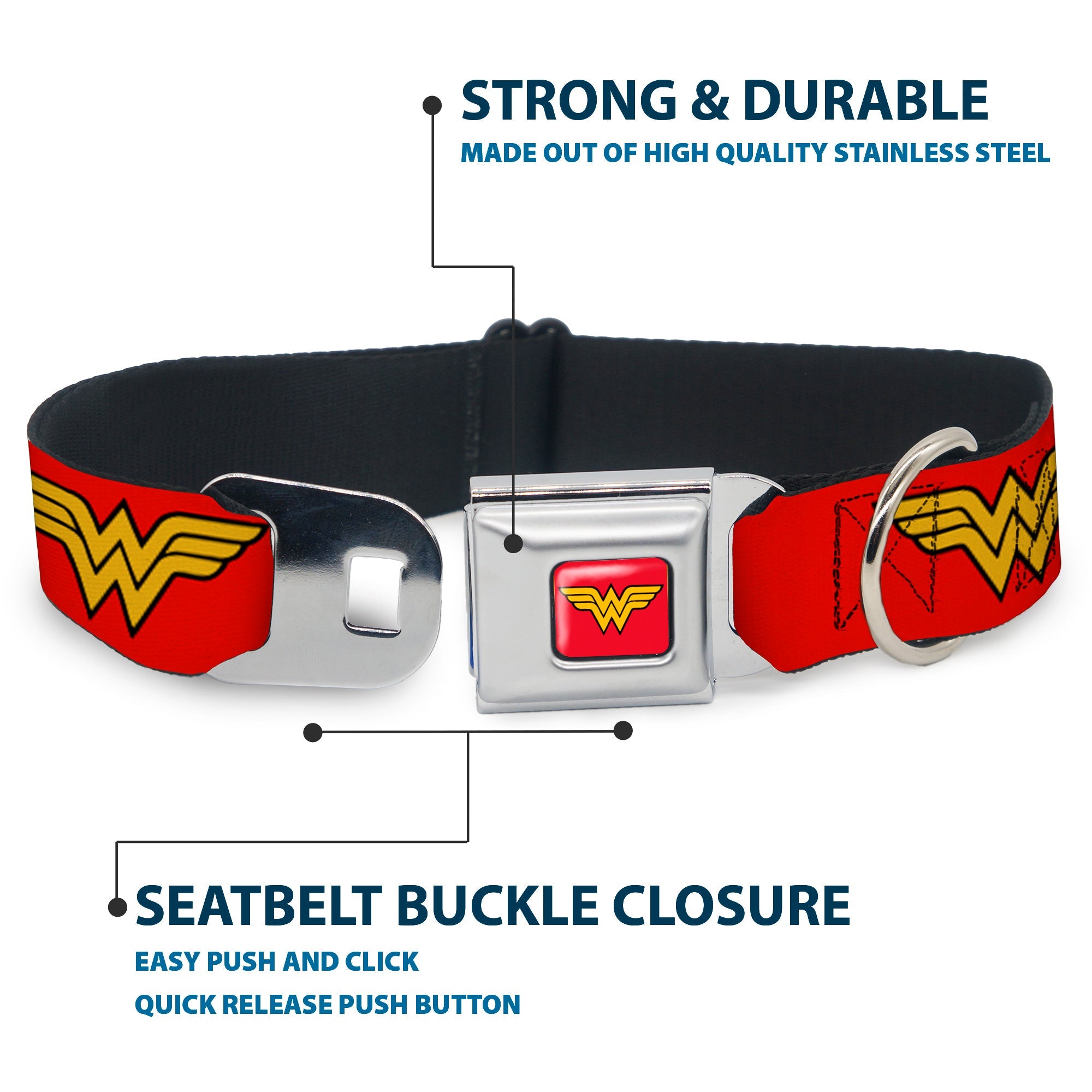 Wonder Woman Logo Full Color Red Seatbelt Buckle Collar - Wonder Woman Logo Red
