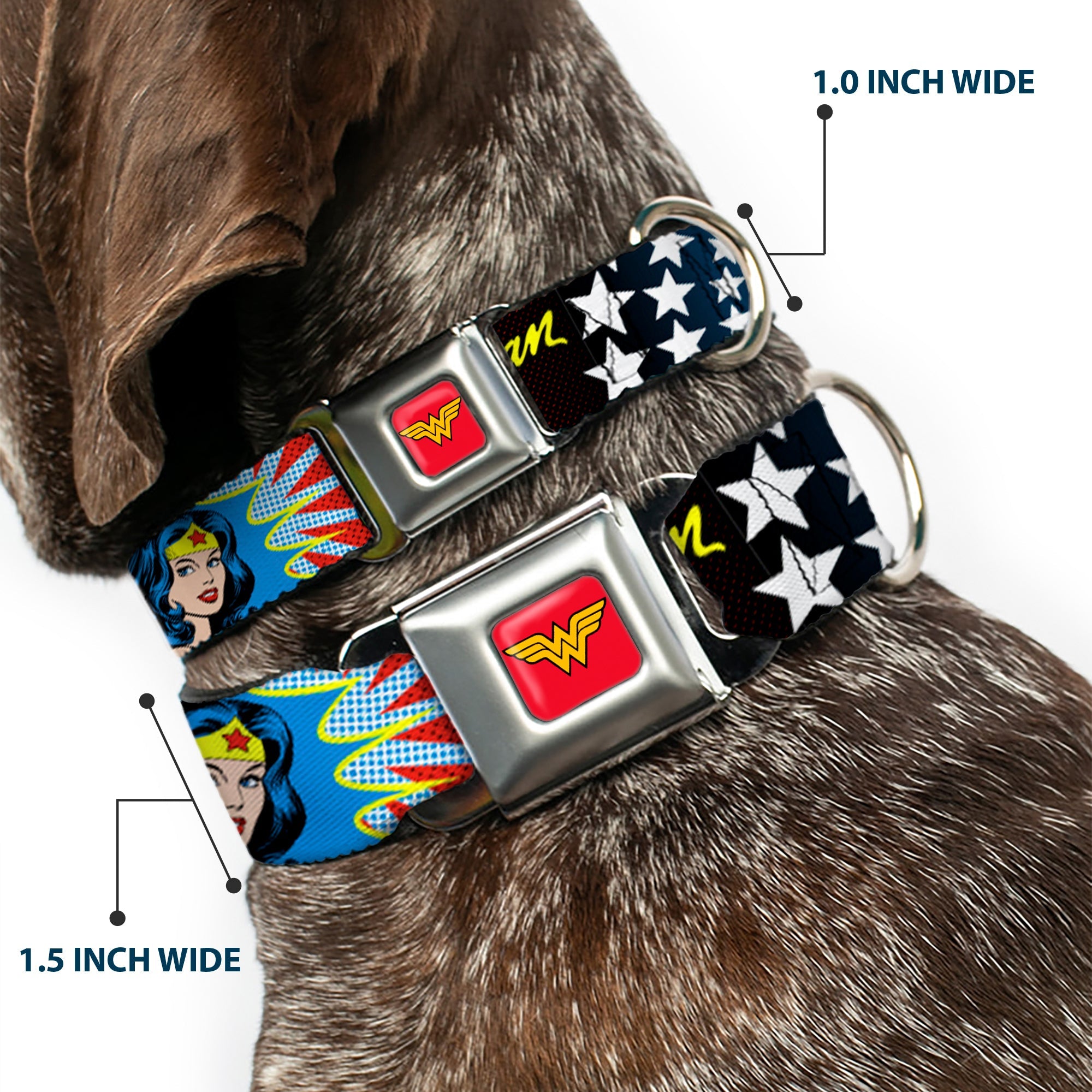 Wonder Woman Logo Full Color Red Seatbelt Buckle Collar - Wonder Woman Face w/Stars