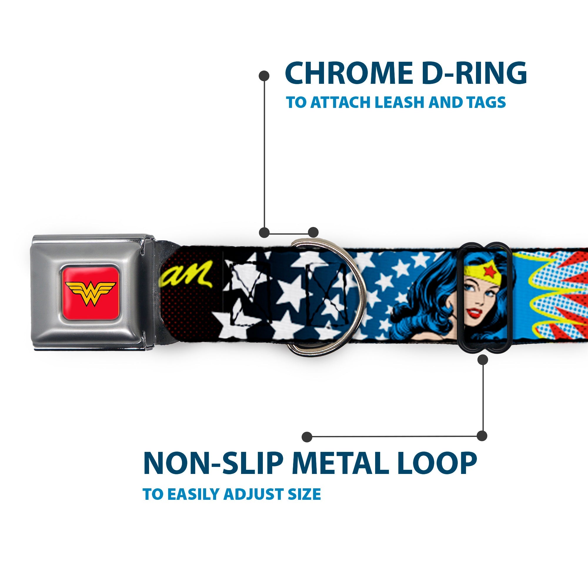 Wonder Woman Logo Full Color Red Seatbelt Buckle Collar - Wonder Woman Face w/Stars