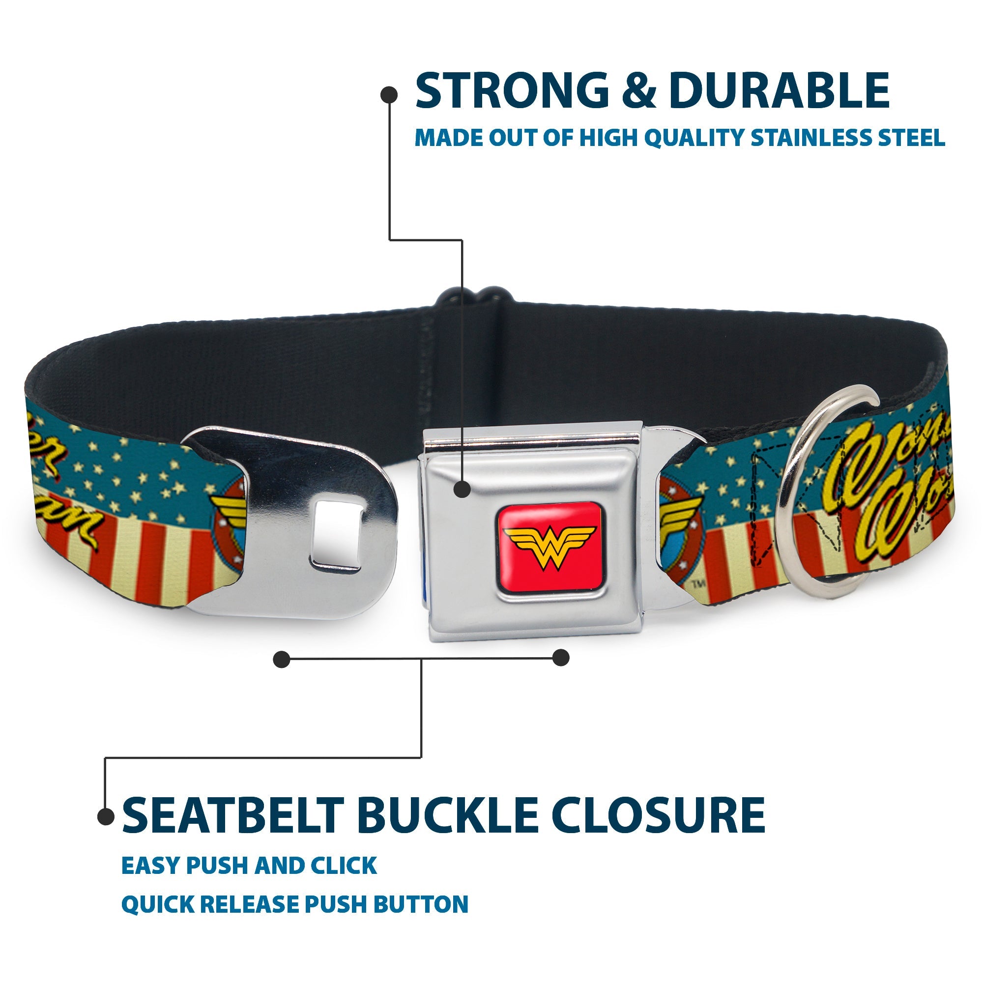 Wonder Woman Logo Full Color Red Seatbelt Buckle Collar - WONDER WOMAN/Logo Americana Red/White/Blue/Yellow