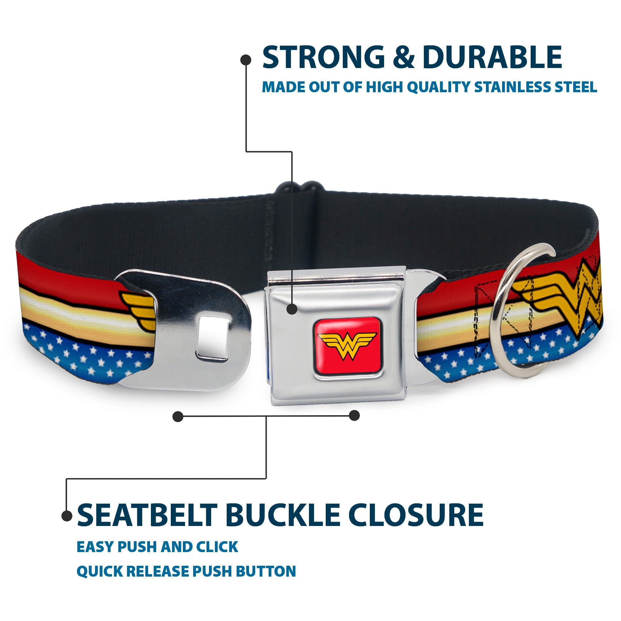 Wonder Woman Logo Full Color Red Seatbelt Buckle Collar - Wonder Woman Logo Stripe/Stars Red/Gold/Blue/White