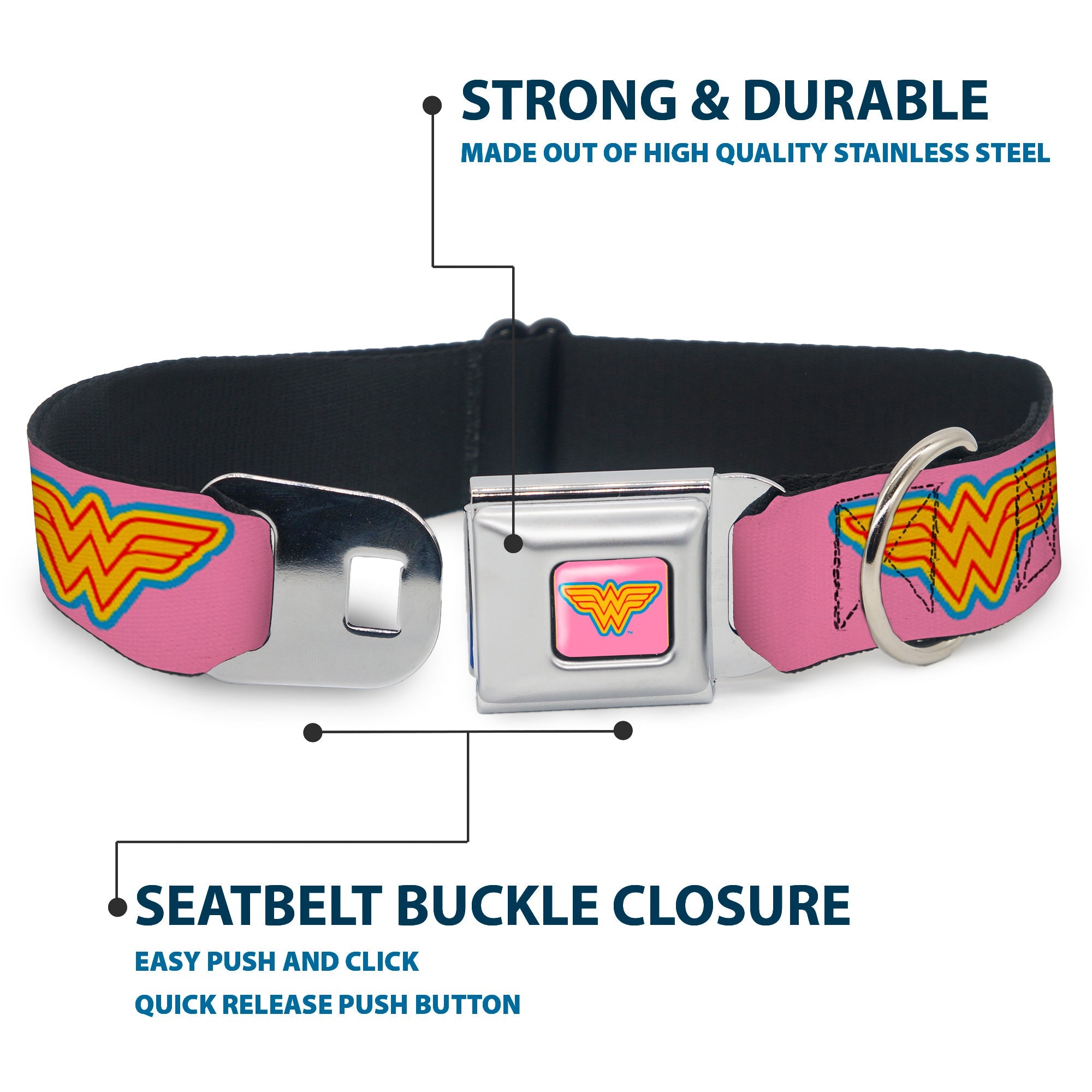 Wonder Woman Logo Pink/Blue/Yellow/Pink Seatbelt Buckle Collar - Wonder Woman Logo Pink/Blue/Yellow/Pink
