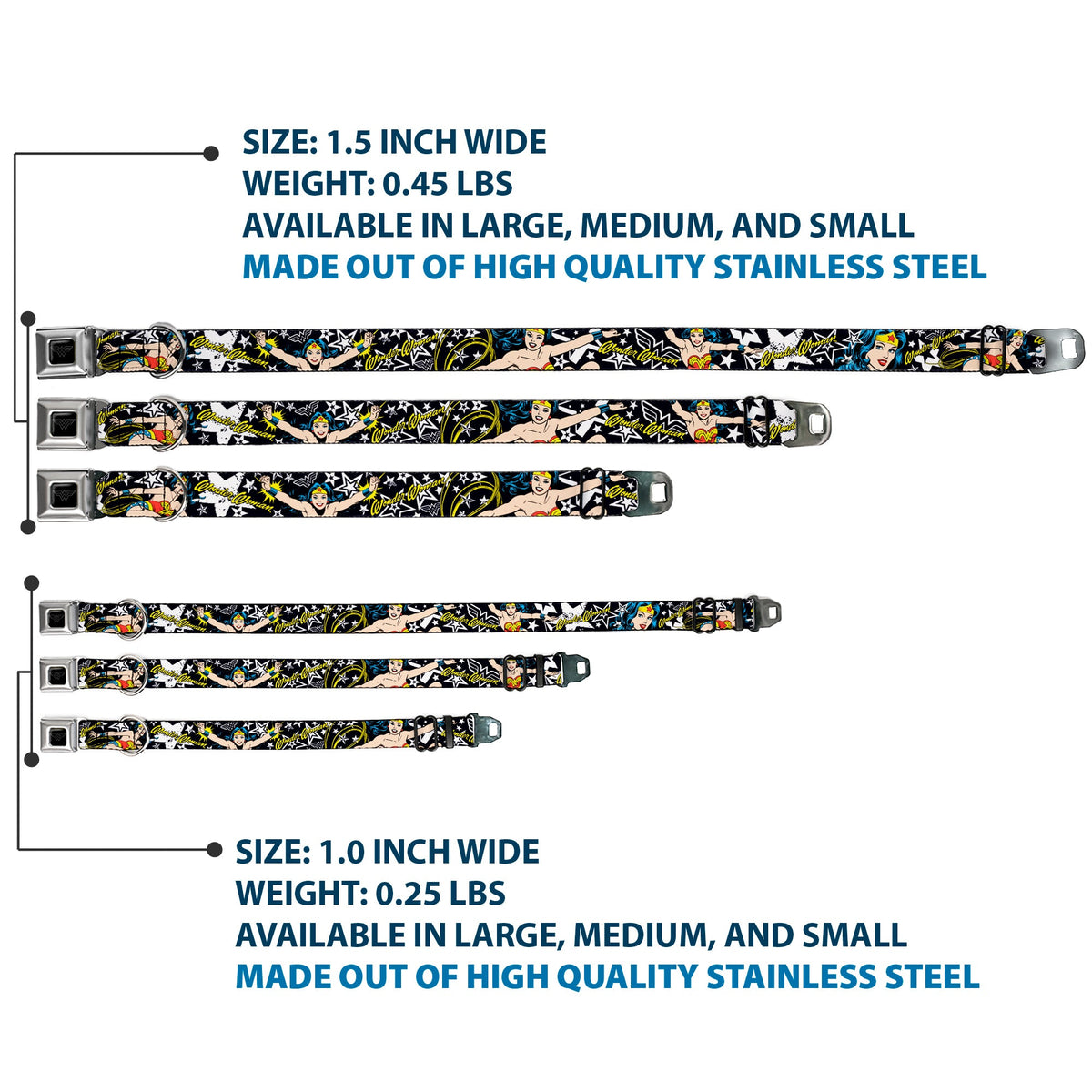 Wonder Woman Black Silver Seatbelt Buckle Collar - Wonder Woman/StarsÂ Black/White
