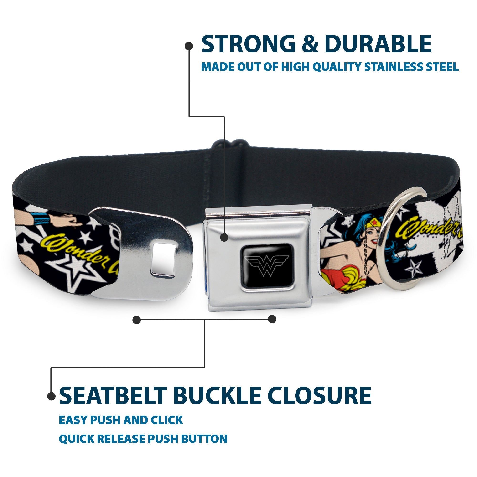 Wonder Woman Black Silver Seatbelt Buckle Collar - Wonder Woman/StarsÂ Black/White