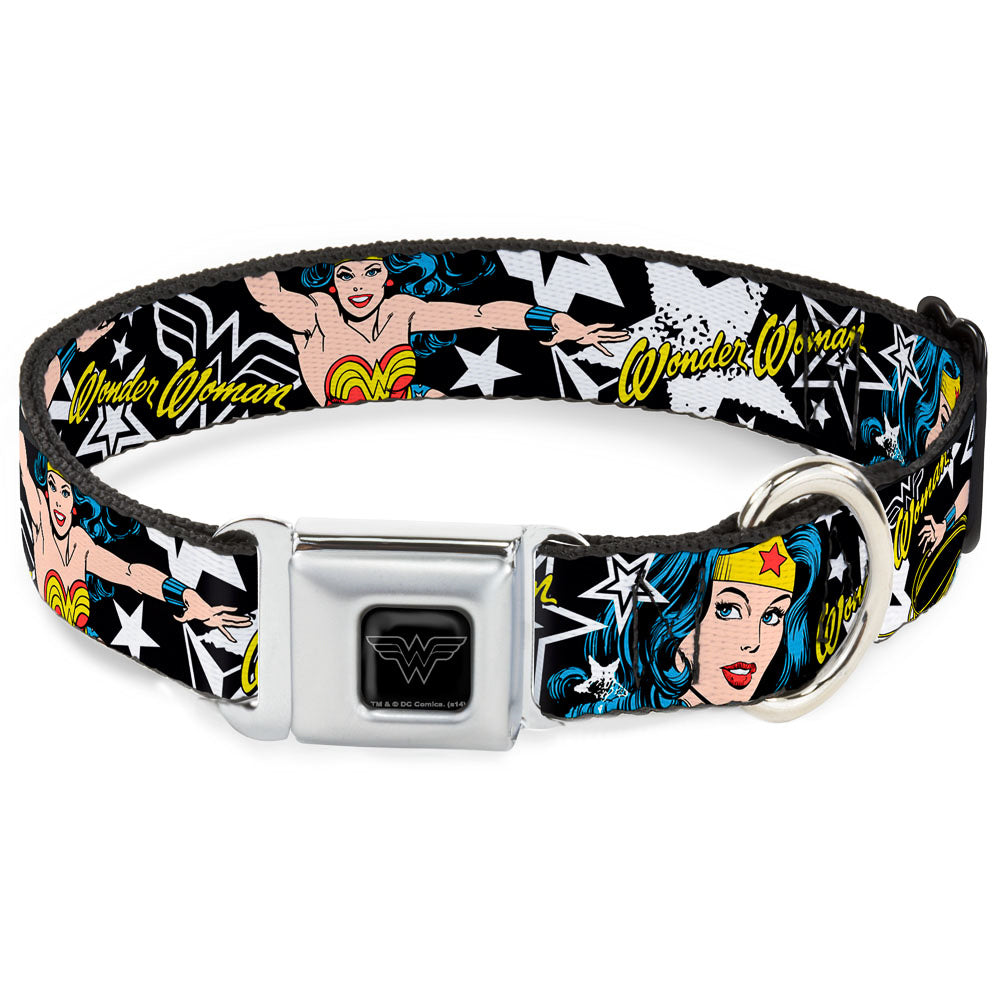 Wonder Woman Black Silver Seatbelt Buckle Collar - Wonder Woman/StarsÂ Black/White