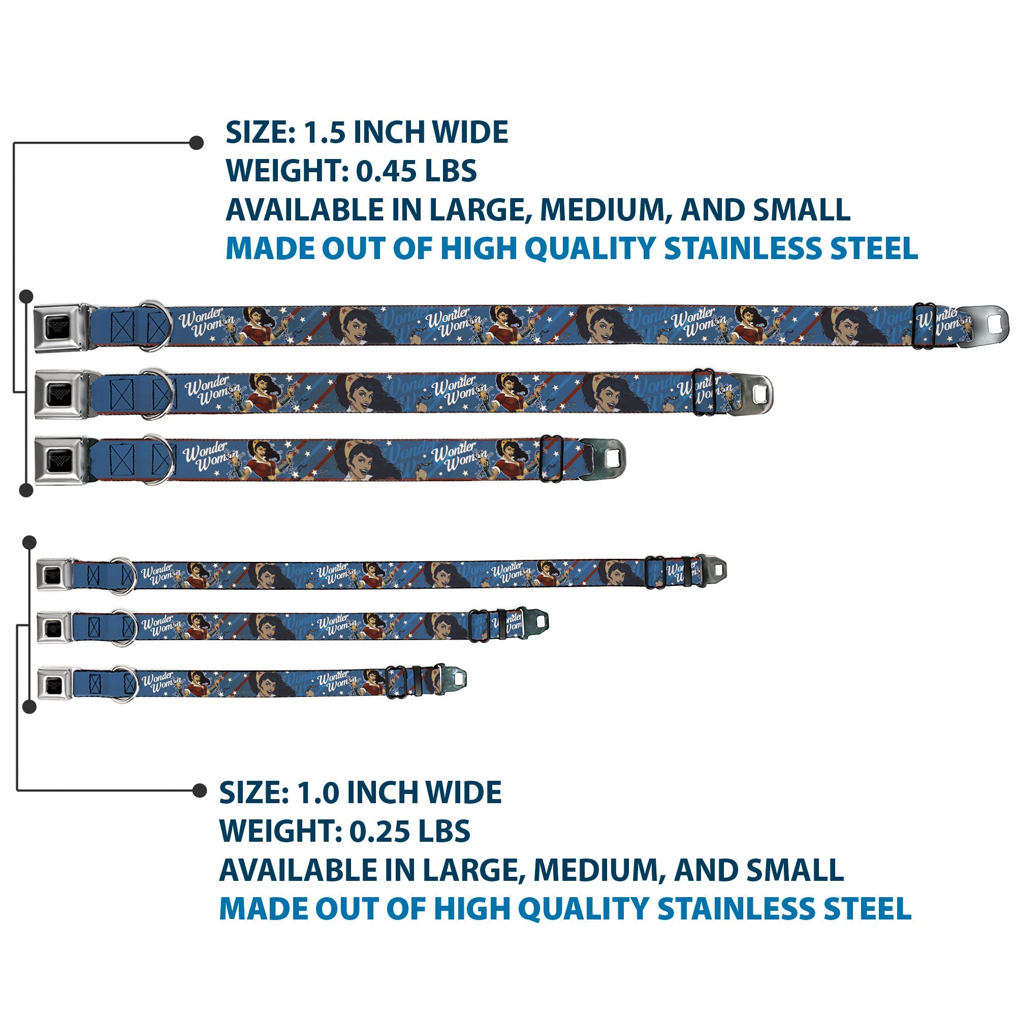 Wonder Woman Logo Black/Silver Seatbelt Buckle Collar - WONDER WOMAN/Bombshell Pose Blue/Red/White