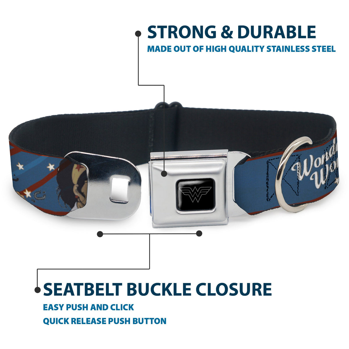 Wonder Woman Logo Black/Silver Seatbelt Buckle Collar - WONDER WOMAN/Bombshell Pose Blue/Red/White