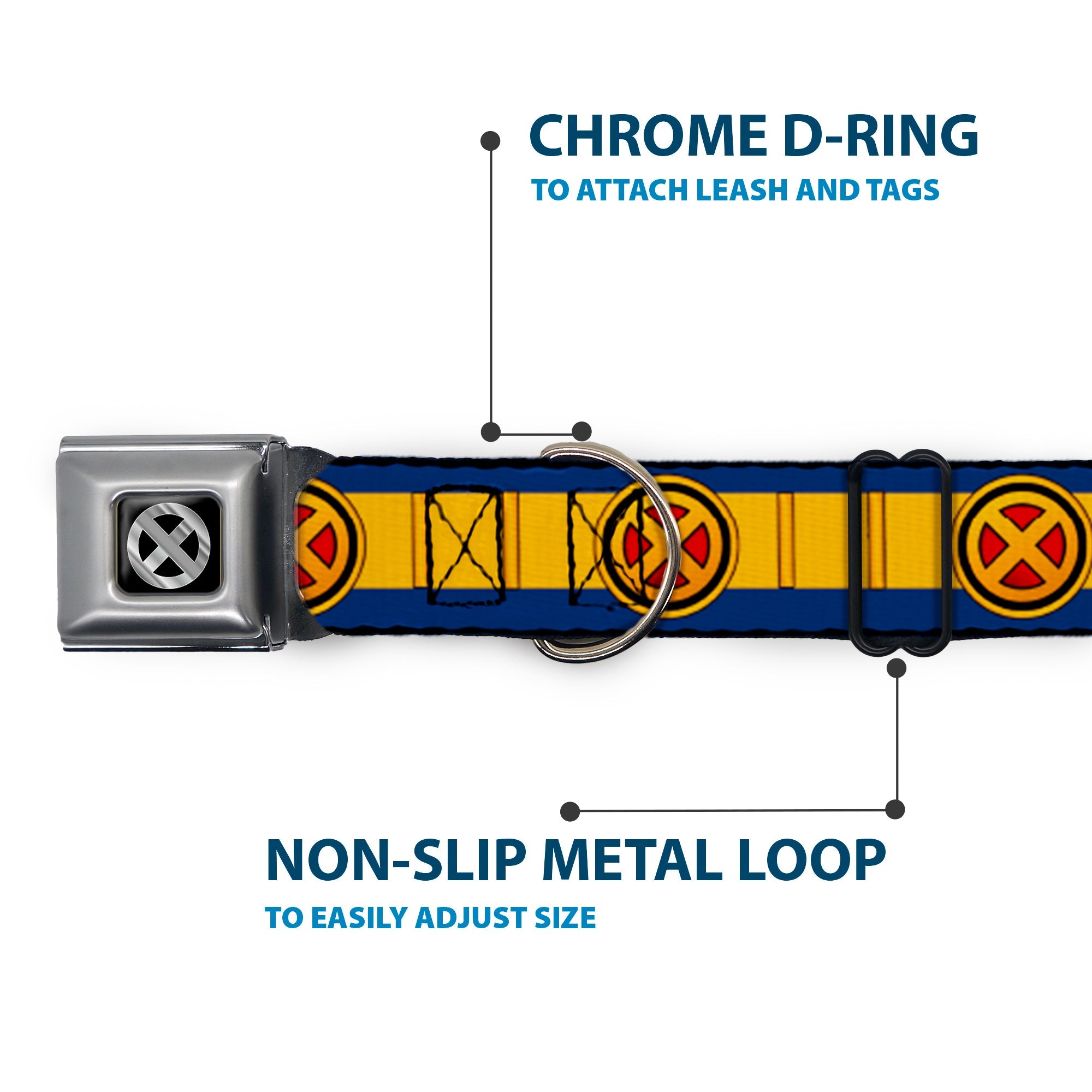 X-Men Icon Black/Silver Gradient Seatbelt Buckle Collar - X-Men Cyclops Utility Strap Blue/Gold/Black/Red