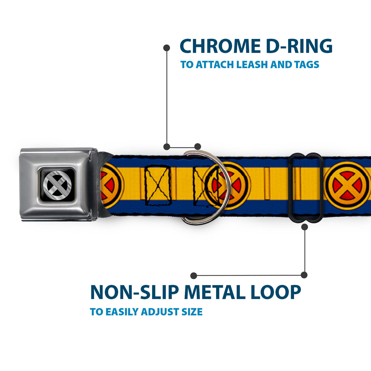 X-Men Icon Black/Silver Gradient Seatbelt Buckle Collar - X-Men Cyclops Utility Strap Blue/Gold/Black/Red