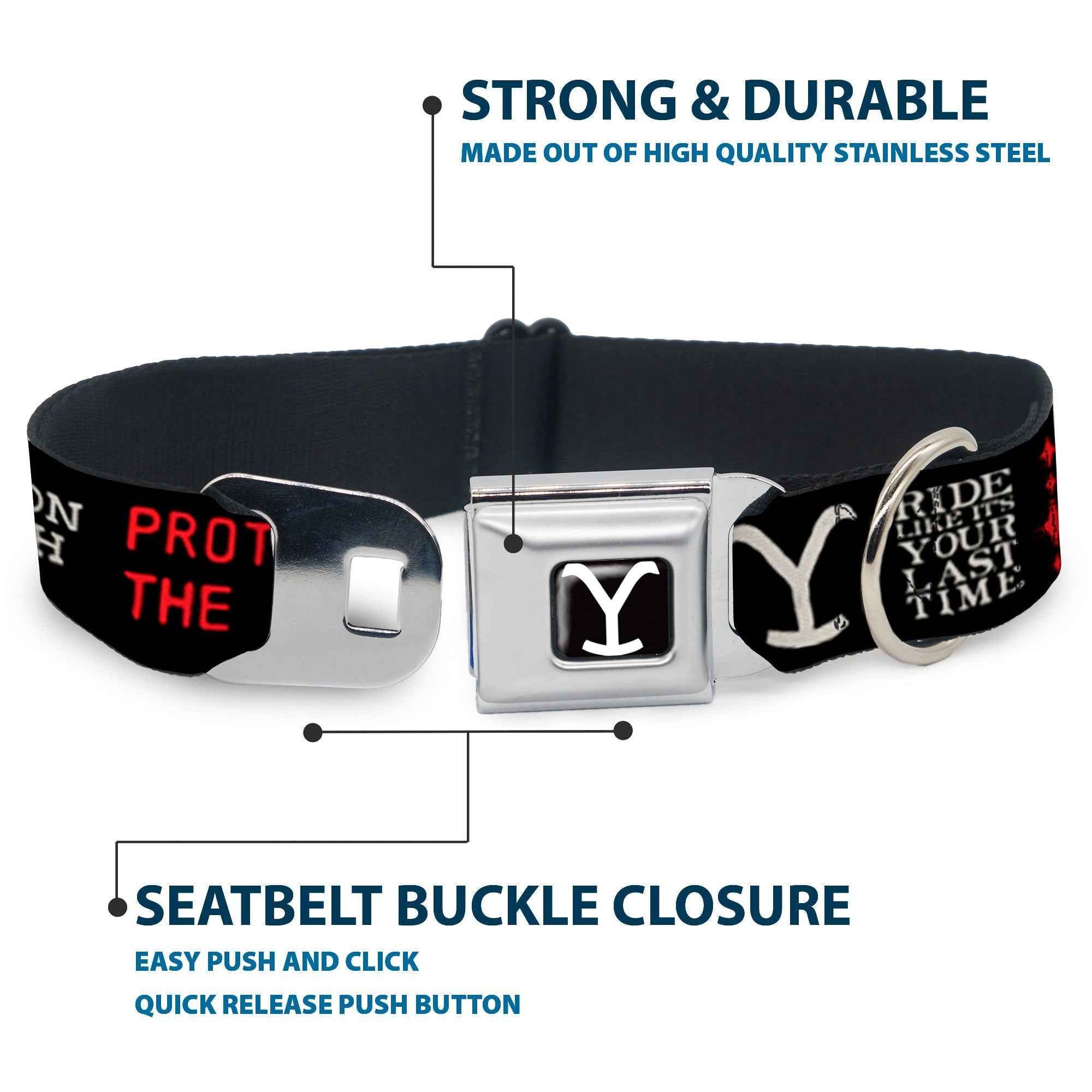 Buckle-Down Yellowstone Y Logo Full Color Black/White Seatbelt Buckle Dog Collar - Yellowstone Dutton Ranch 1886 Icons Black/White/Red