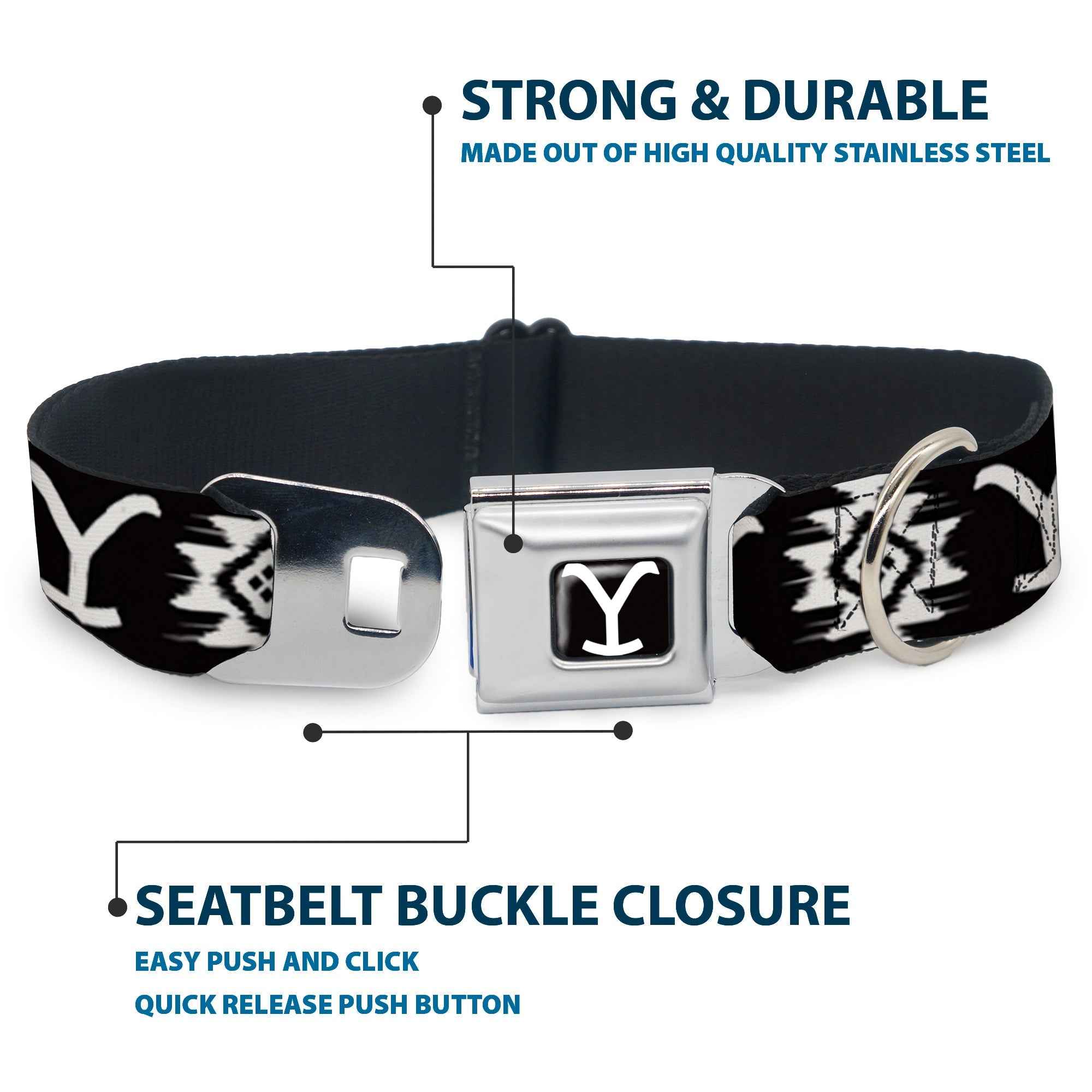 Buckle-Down Yellowstone Y Logo Full Color Black/White Seatbelt Buckle Dog Collar - Yellowstone Dutton Ranch and Native American Icons Black/White