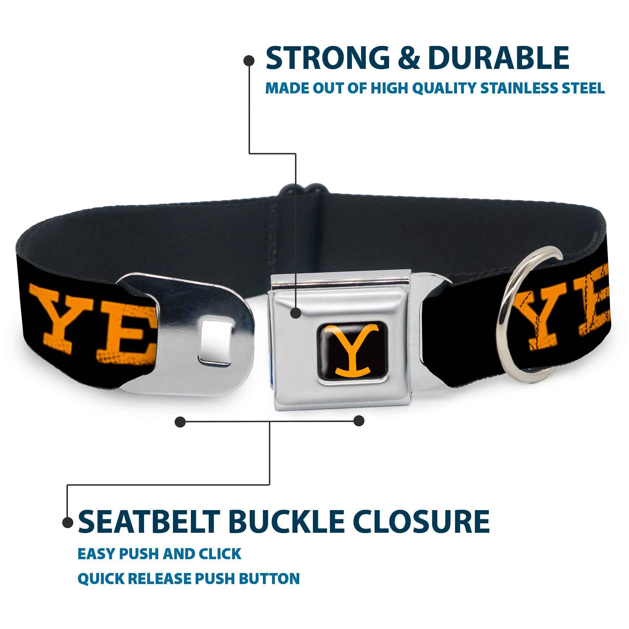 Buckle-Down Yellowstone Y Logo Full Color Black/Orange Seatbelt Buckle Dog Collar - Yellowstone Text and Y Logo Weathered Black/Orange