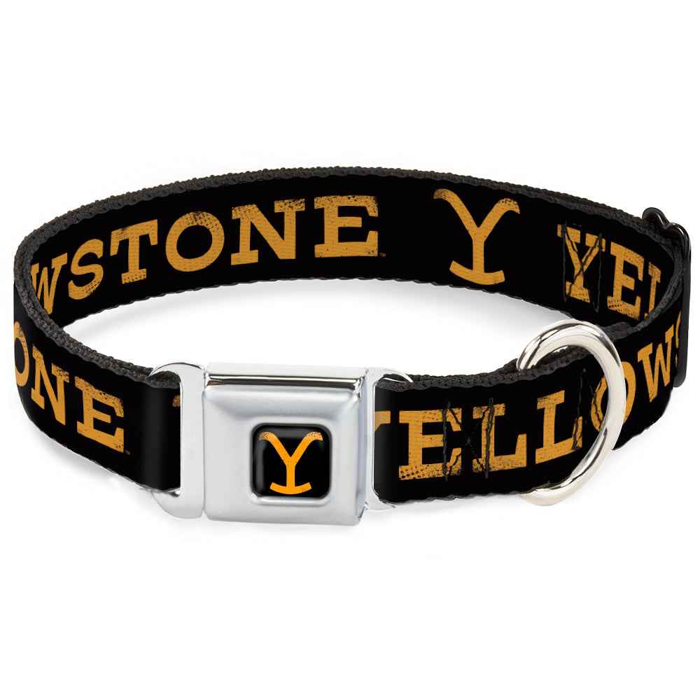 Buckle-Down Yellowstone Y Logo Full Color Black/Orange Seatbelt Buckle Dog Collar - Yellowstone Text and Y Logo Weathered Black/Orange