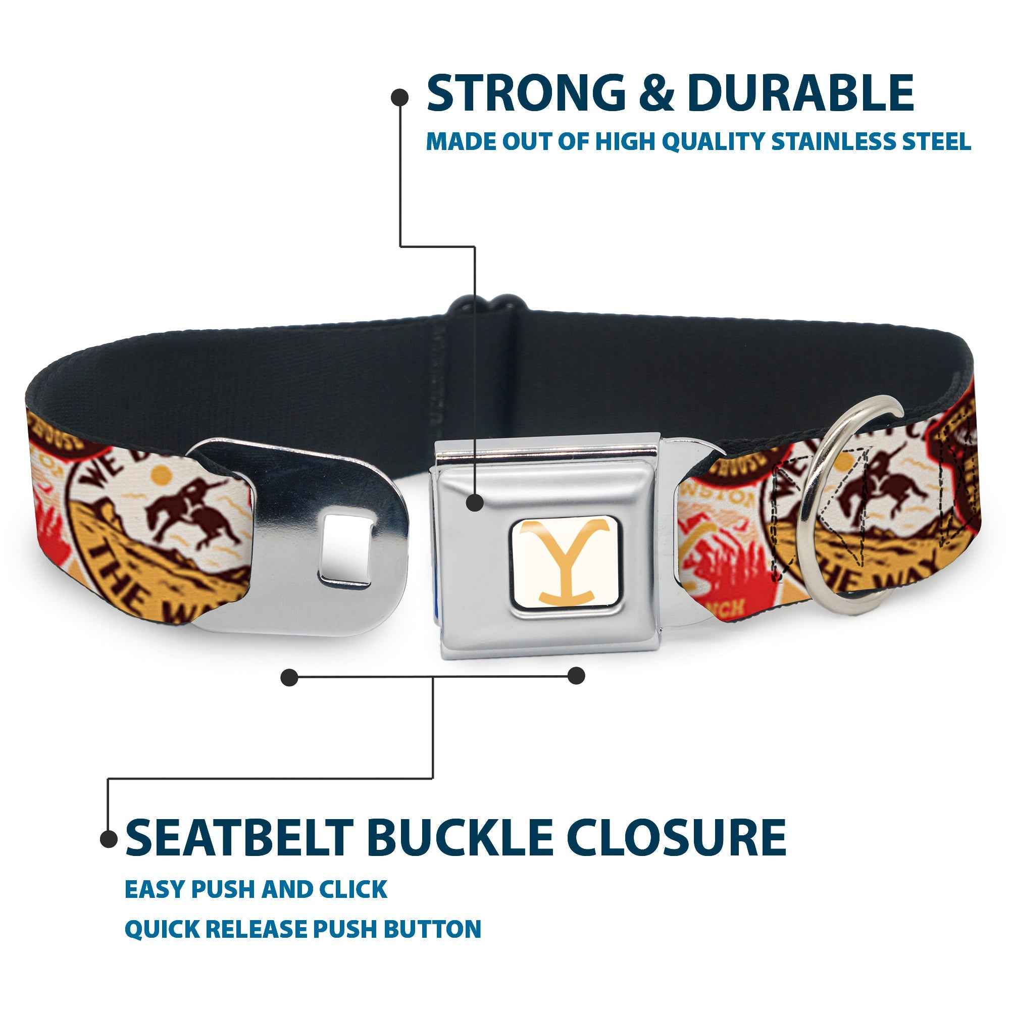 Buckle-Down Yellowstone Y Logo Full Color White/Yellow Seatbelt Buckle Dog Collar - Yellowstone Patches Stacked Browns/Reds/Yellows