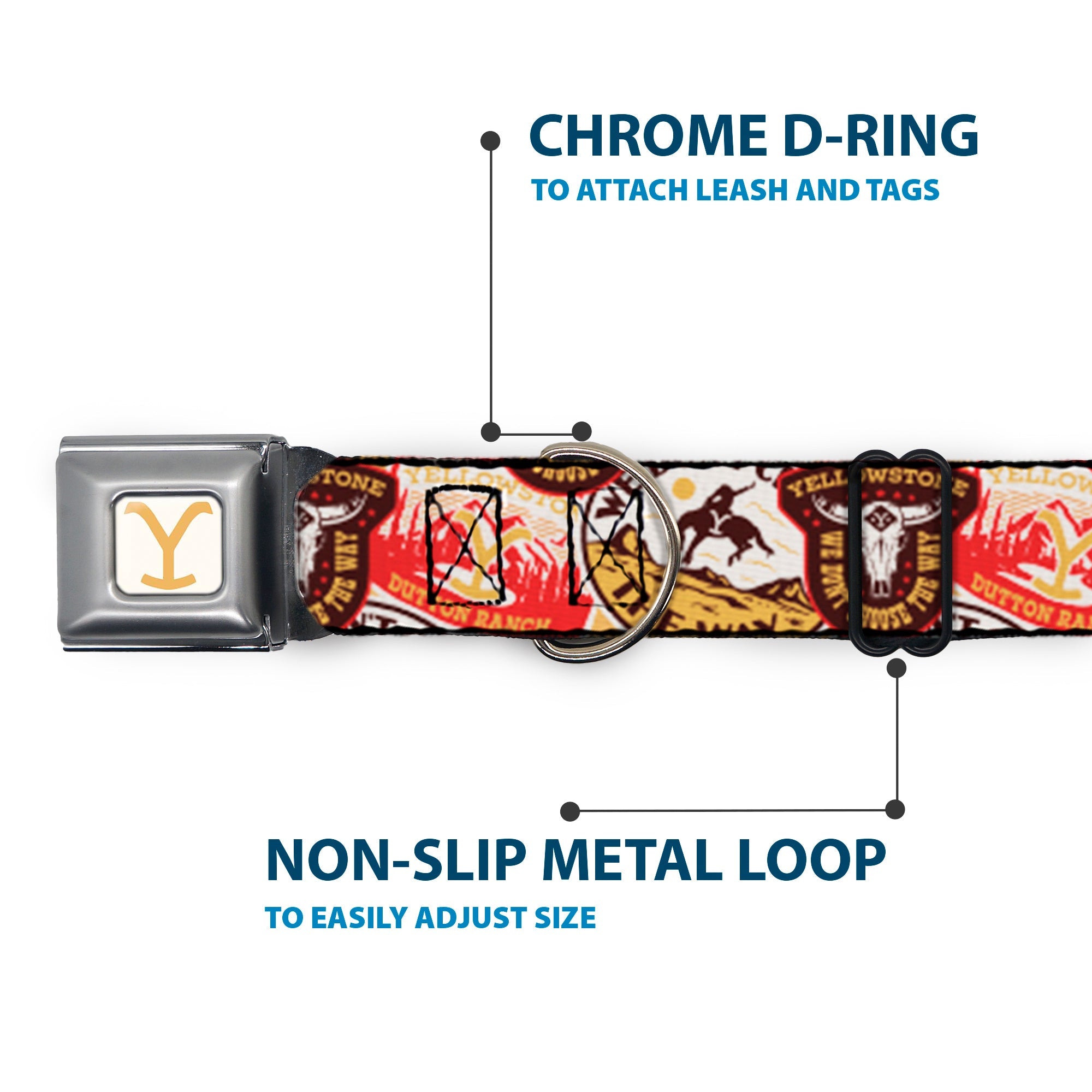 Buckle-Down Yellowstone Y Logo Full Color White/Yellow Seatbelt Buckle Dog Collar - Yellowstone Patches Stacked Browns/Reds/Yellows