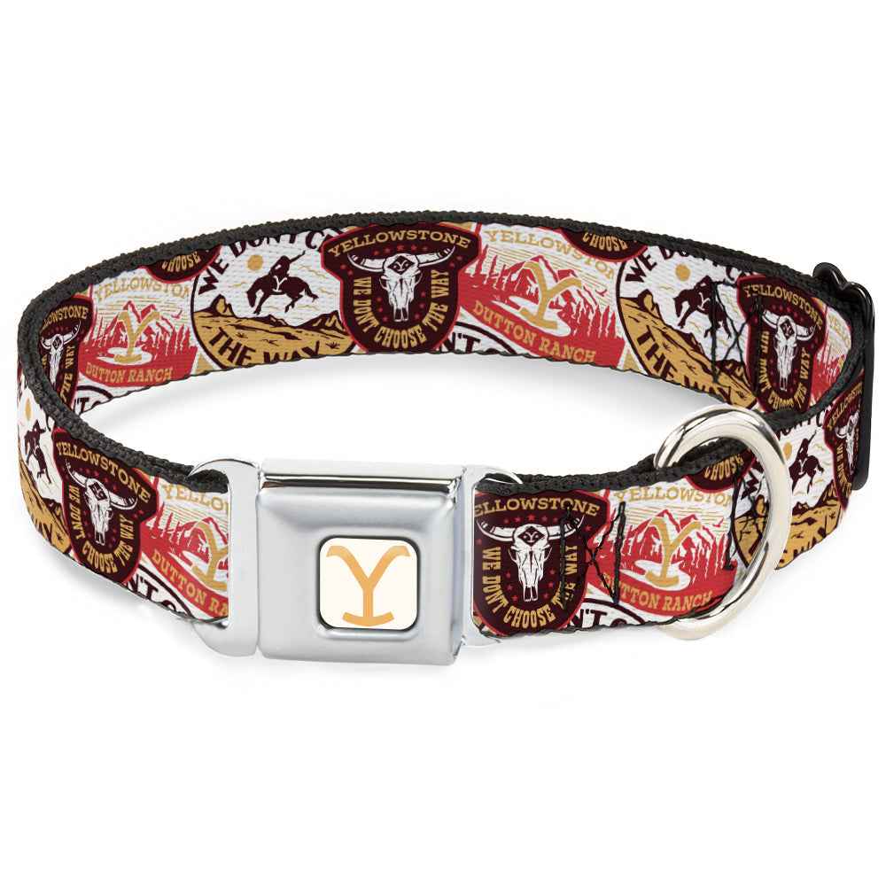 Buckle-Down Yellowstone Y Logo Full Color White/Yellow Seatbelt Buckle Dog Collar - Yellowstone Patches Stacked Browns/Reds/Yellows