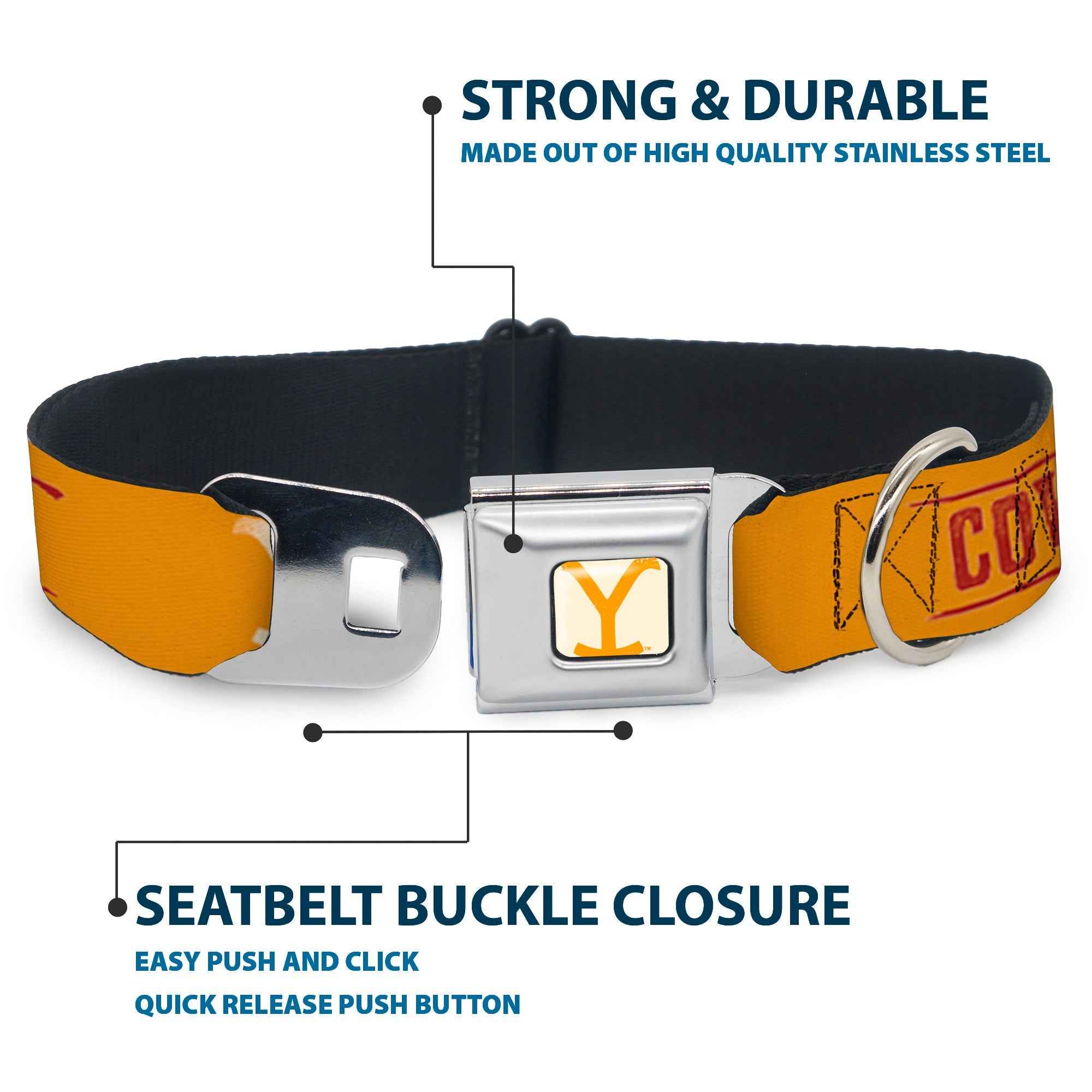 Buckle-Down Yellowstone Y Logo Weathered Full Color White/Yellow Seatbelt Buckle Dog Collar - Yellowstone Y Logo Cowboy Up Text Yellow/Red/White