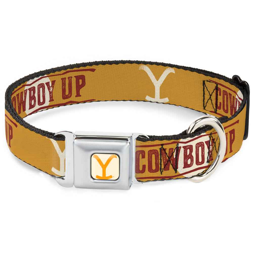 Buckle-Down Yellowstone Y Logo Weathered Full Color White/Yellow Seatbelt Buckle Dog Collar - Yellowstone Y Logo Cowboy Up Text Yellow/Red/White