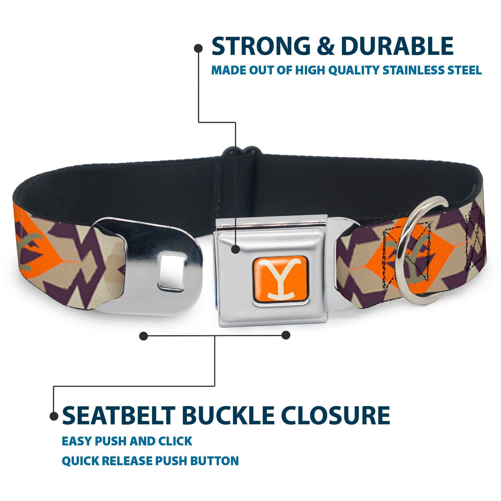 Buckle-Down Yellowstone Y Logo Weathered Orange/Beige & Native American Tribal Tans/Blue/Orange Seatbelt Buckle Dog Collar