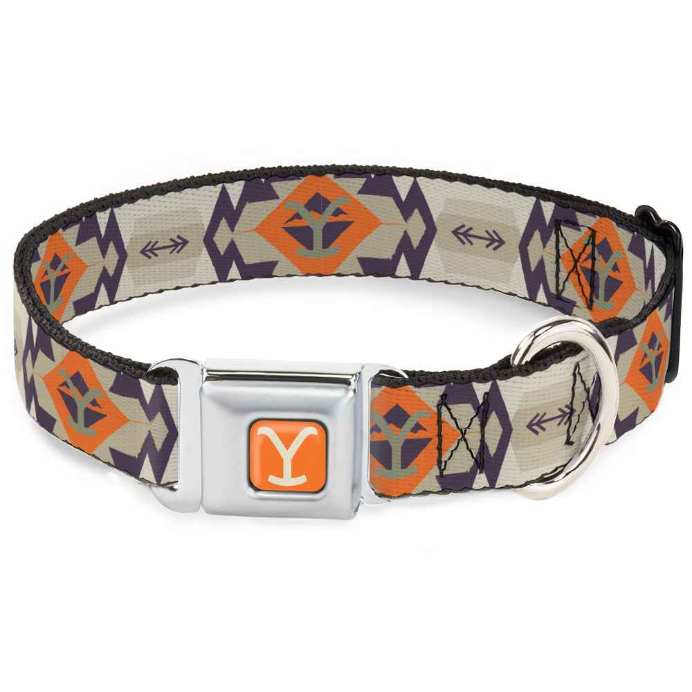 Buckle-Down Yellowstone Y Logo Weathered Orange/Beige & Native American Tribal Tans/Blue/Orange Seatbelt Buckle Dog Collar