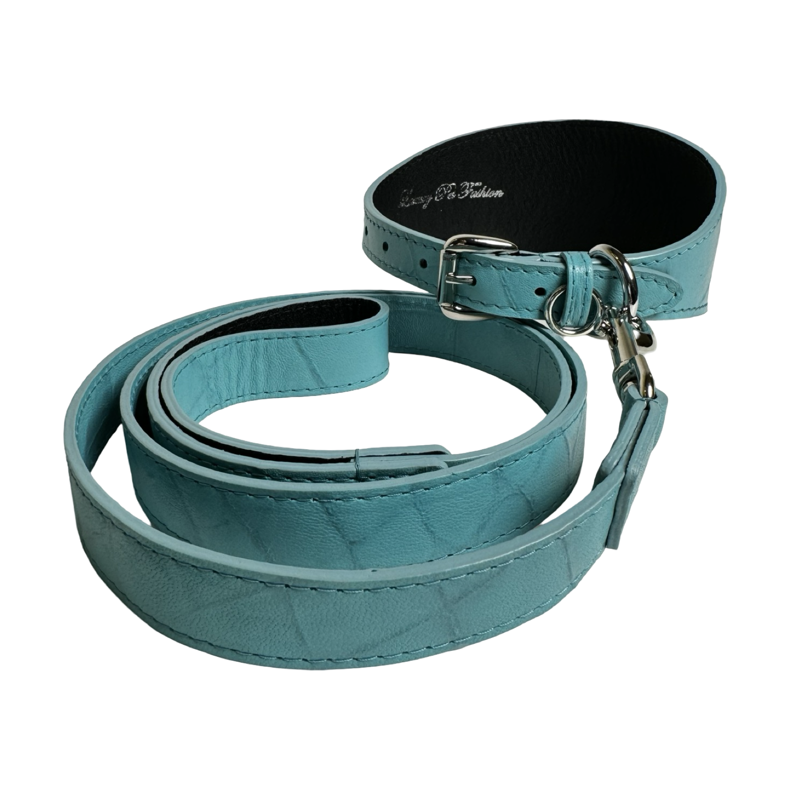 Allysa Payne The Tiffany Collection Turquoise Blue Embossed Croc Italian Leather 3-Inch Wide Style Dog Collar, With Silver Hardware