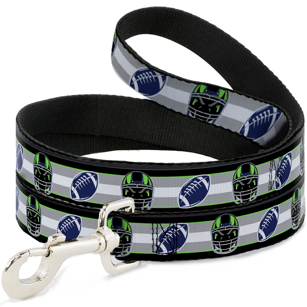 Dog Leash - Football/Helmet Stripe2 Black/Neon Green/Silver/White/Blue - HT Animal Supply