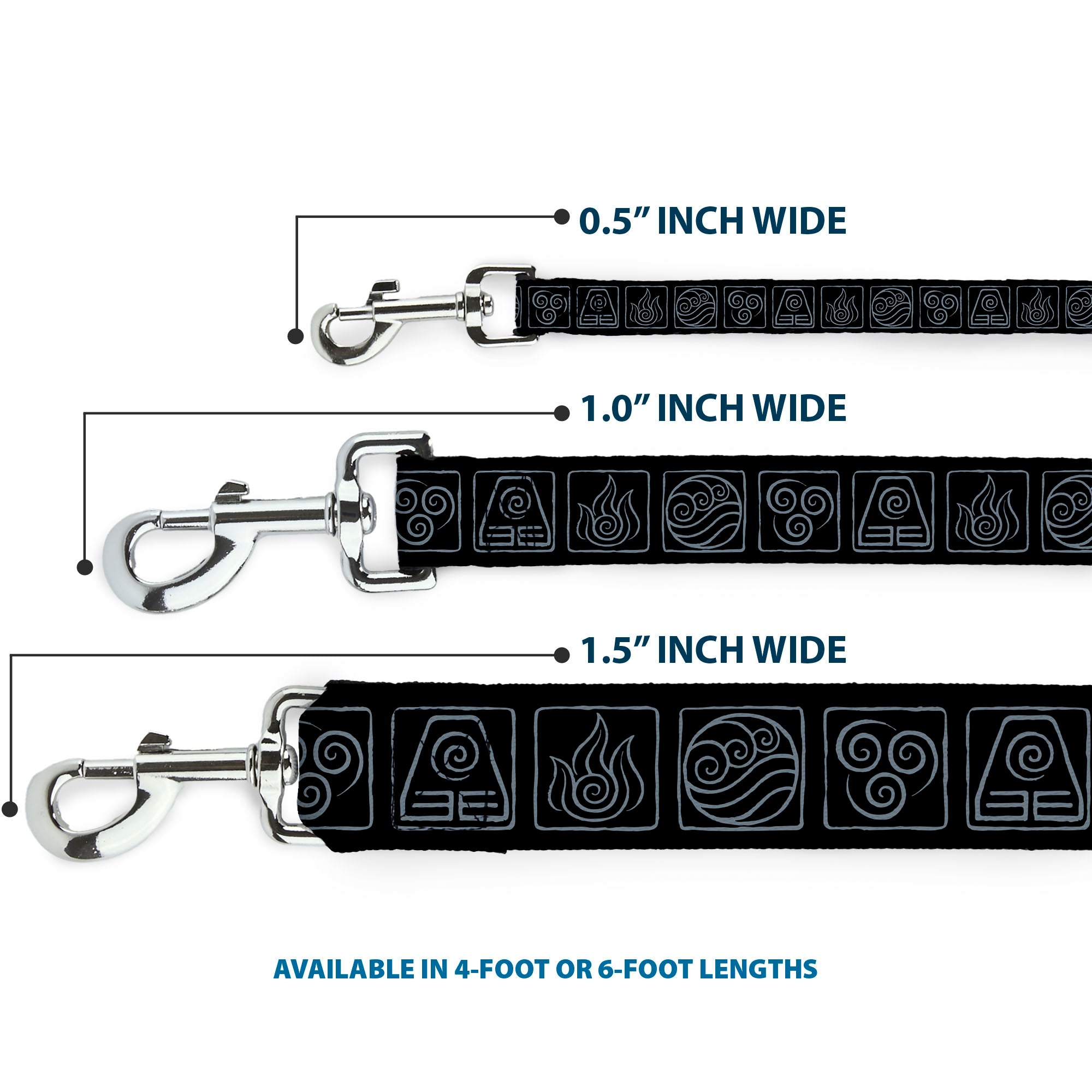 Dog Leash - Avatar the Last Airbender Bending Elements Icons Black/Gray - HT Animal Supply