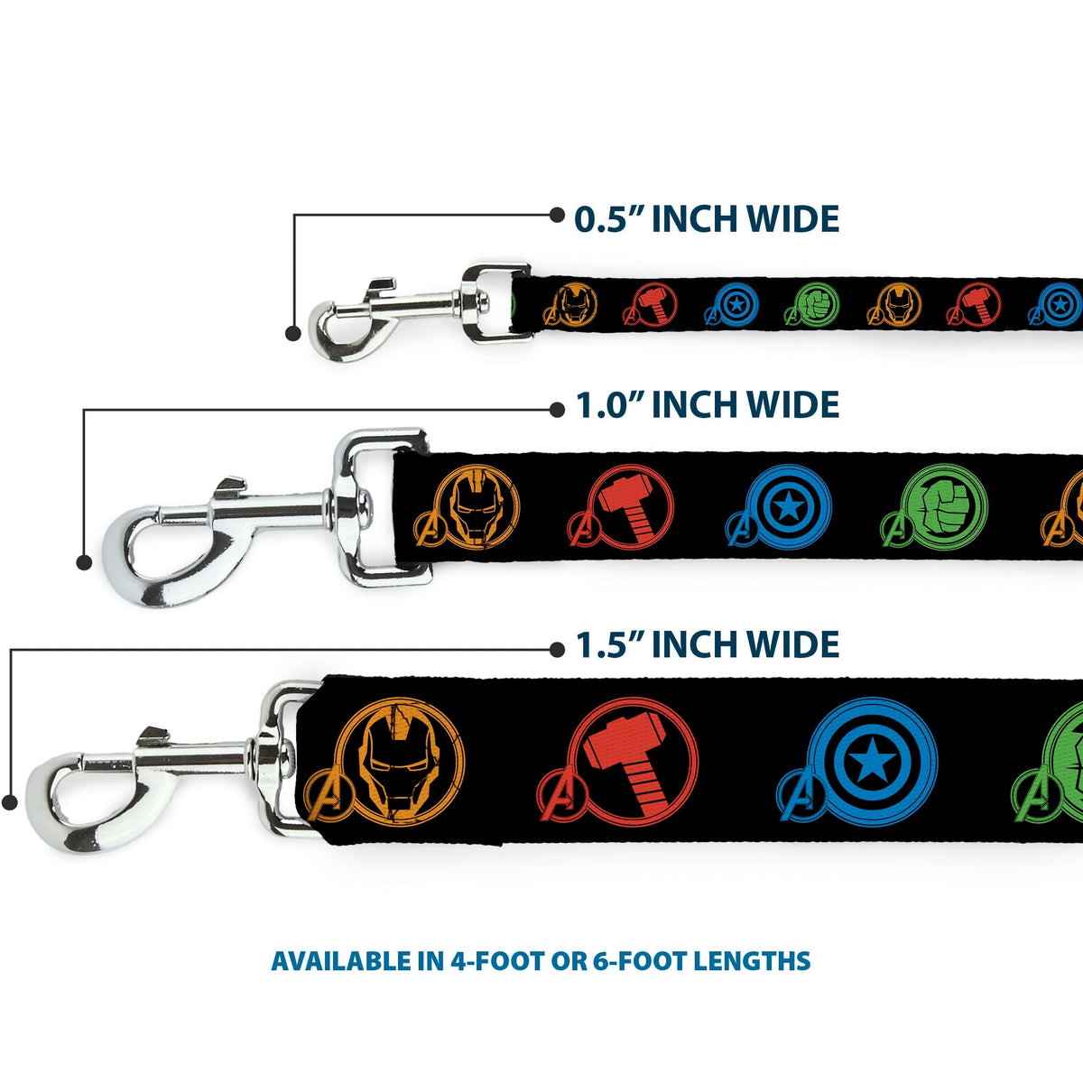 Dog Leash - Marvel Avengers Superhero Logos Black/Multi Color 
