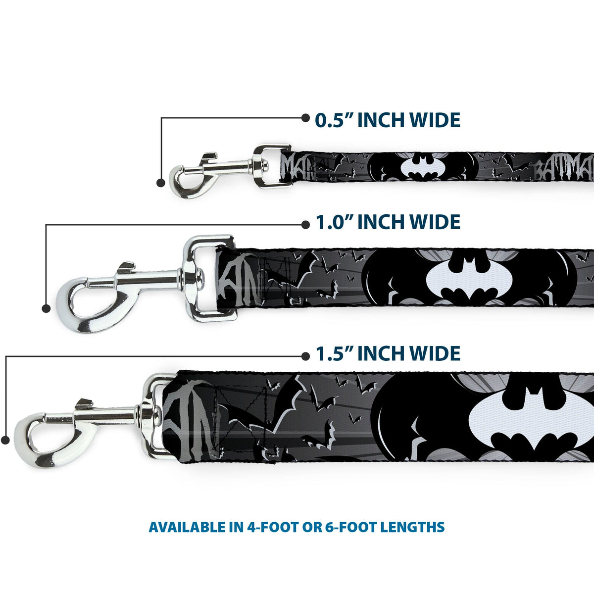 Dog Leash - BATMAN w/Bat Signals & Flying Bats Black/White 