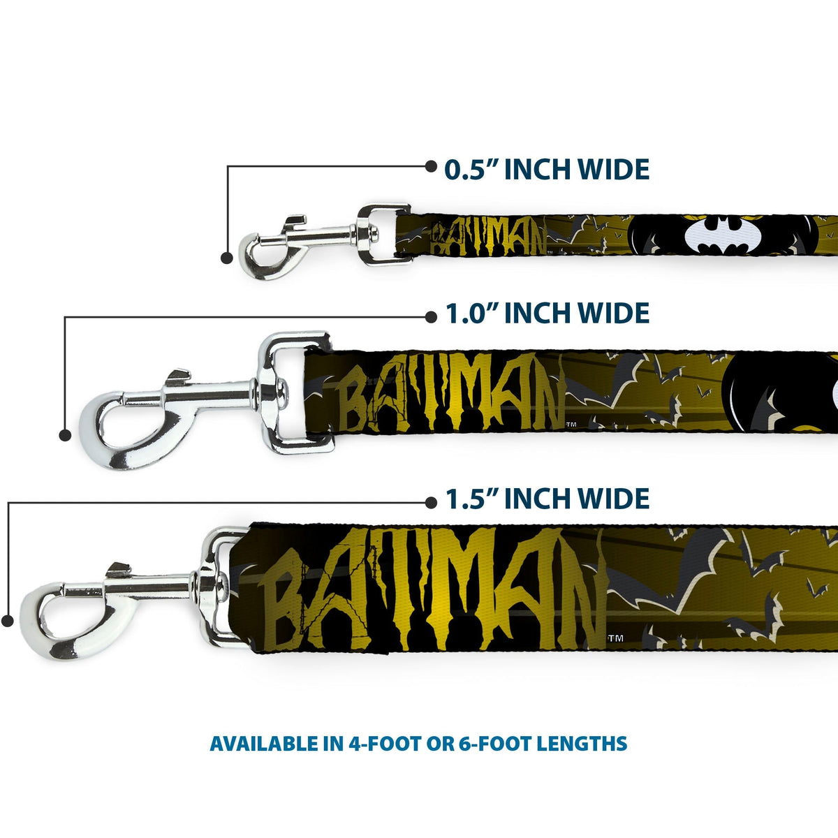 Dog Leash - BATMAN w/Bat Signals & Flying Bats Yellow/Black/White 