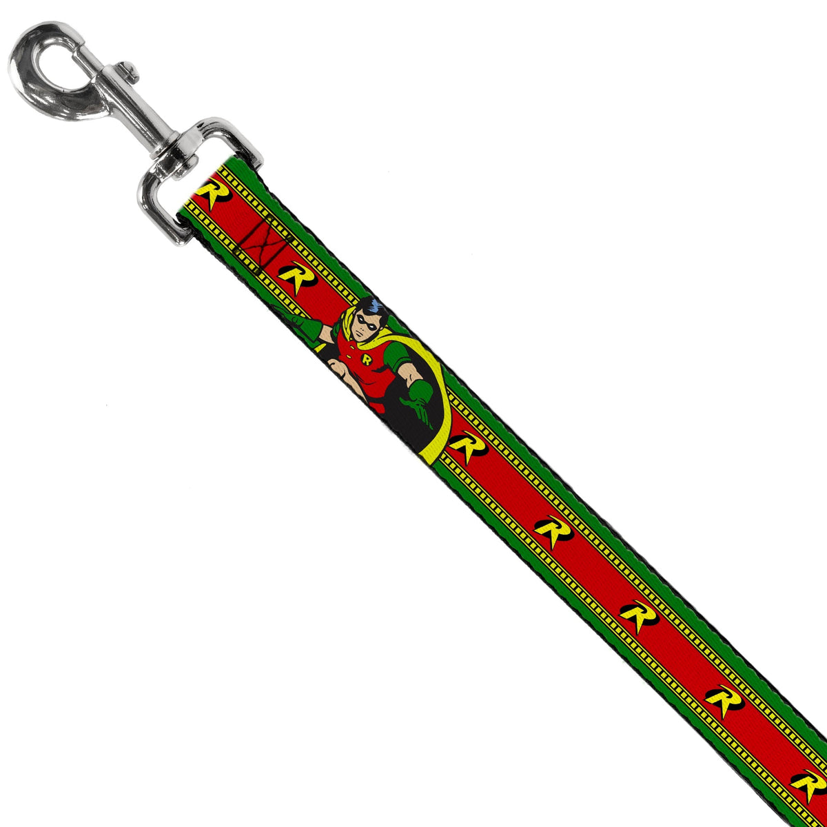 Dog Leash - Robin Action Pose/"R" Logo Stripe Green/Yellow/Red/Black 