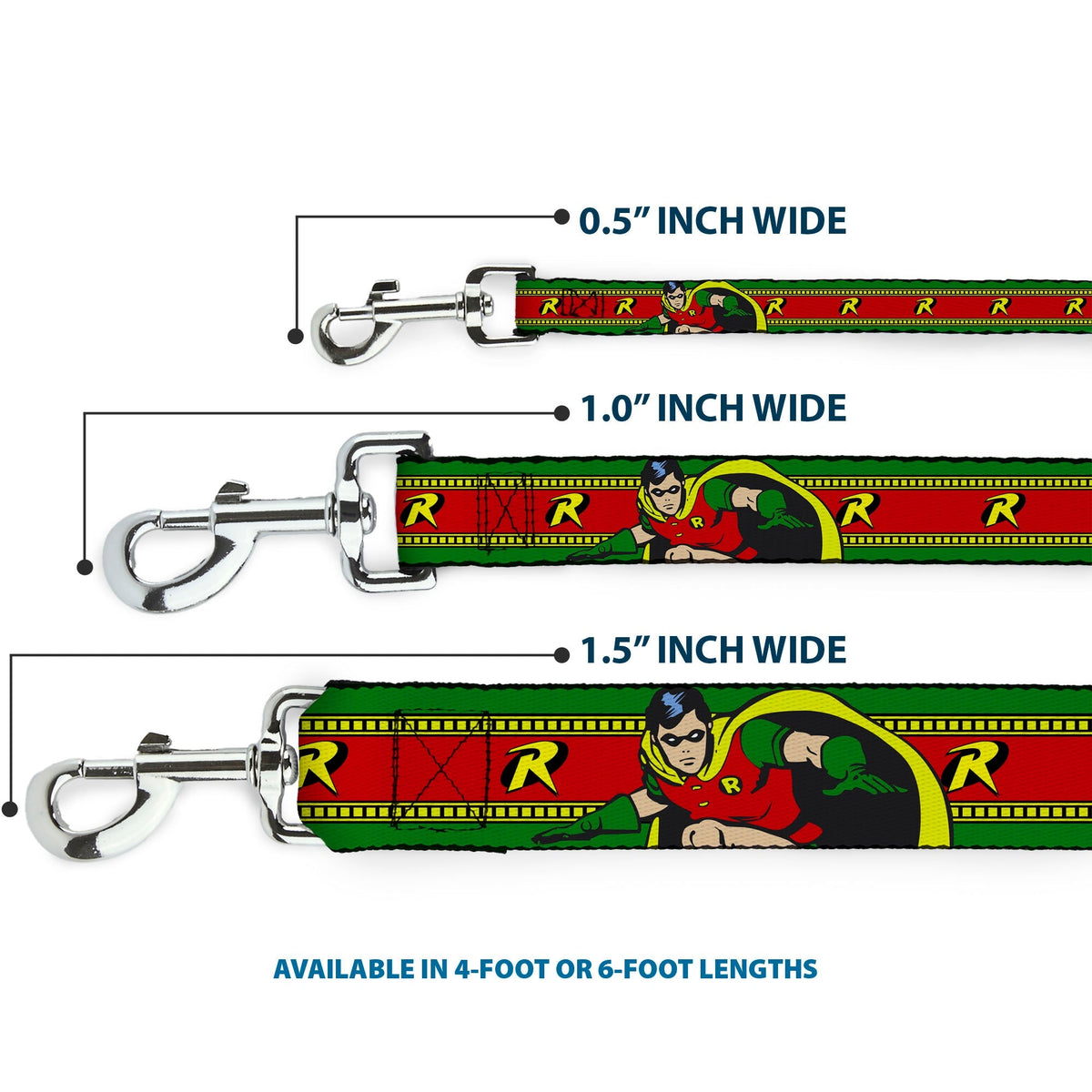 Dog Leash - Robin Action Pose/"R" Logo Stripe Green/Yellow/Red/Black 