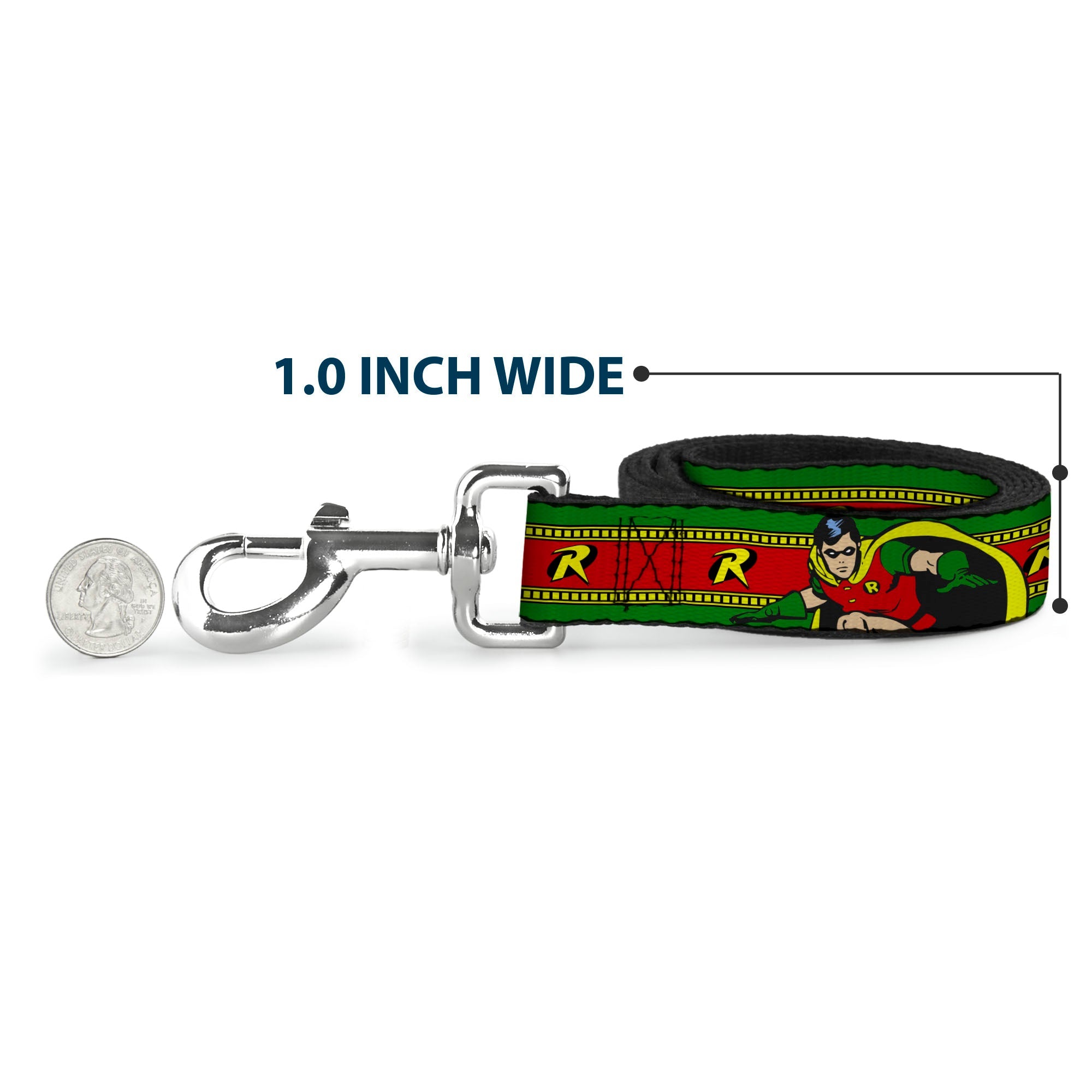 Dog Leash - Robin Action Pose/"R" Logo Stripe Green/Yellow/Red/Black
