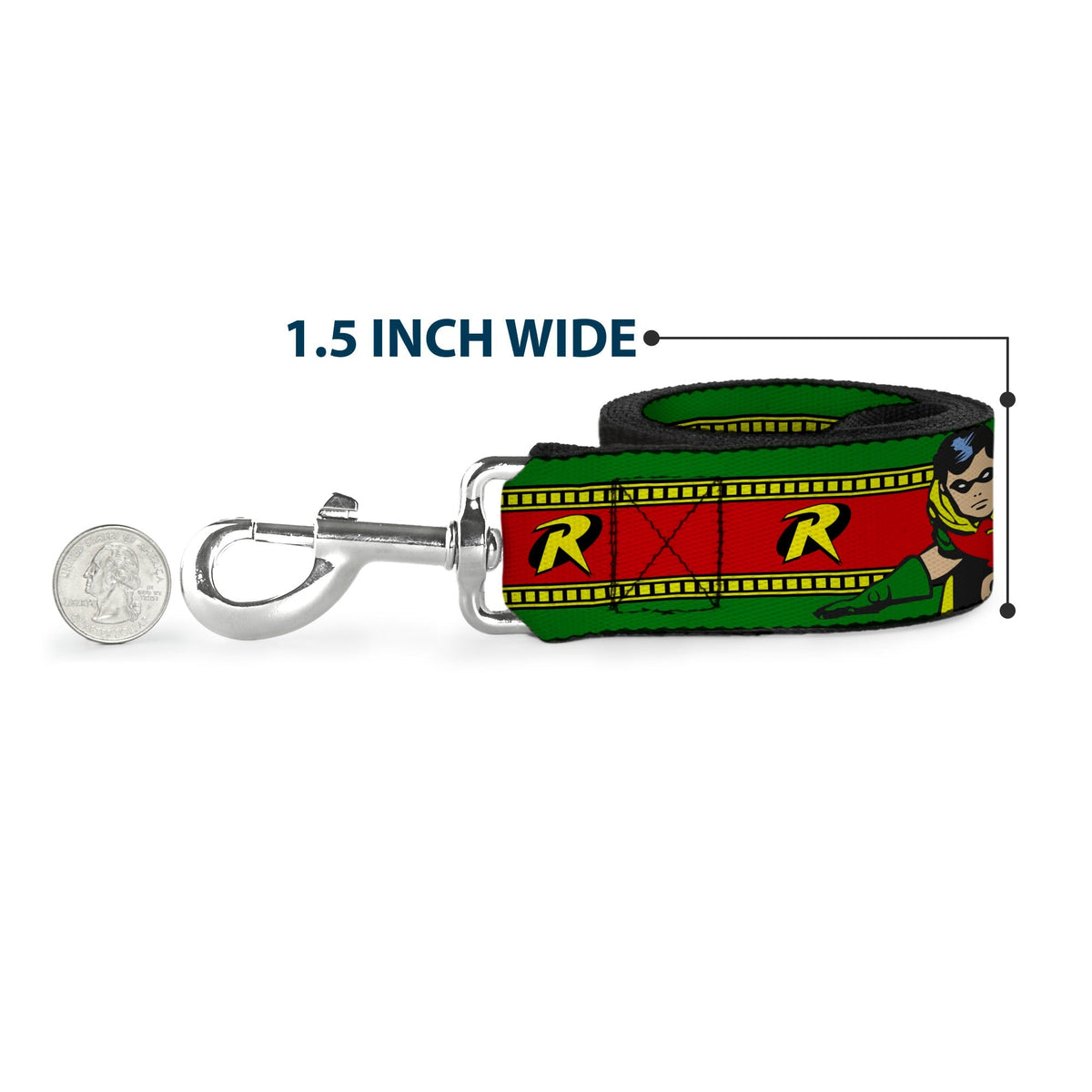 Dog Leash - Robin Action Pose/"R" Logo Stripe Green/Yellow/Red/Black 