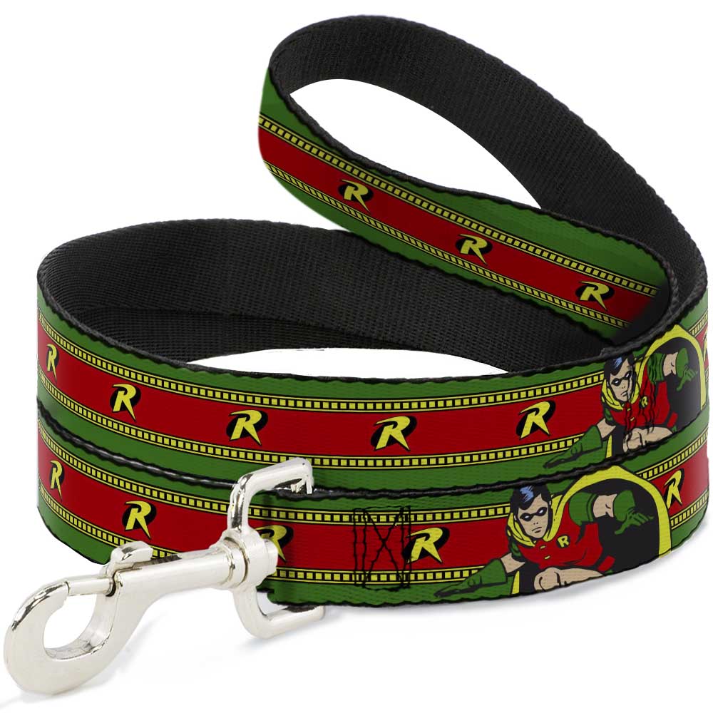 Dog Leash - Robin Action Pose/"R" Logo Stripe Green/Yellow/Red/Black 