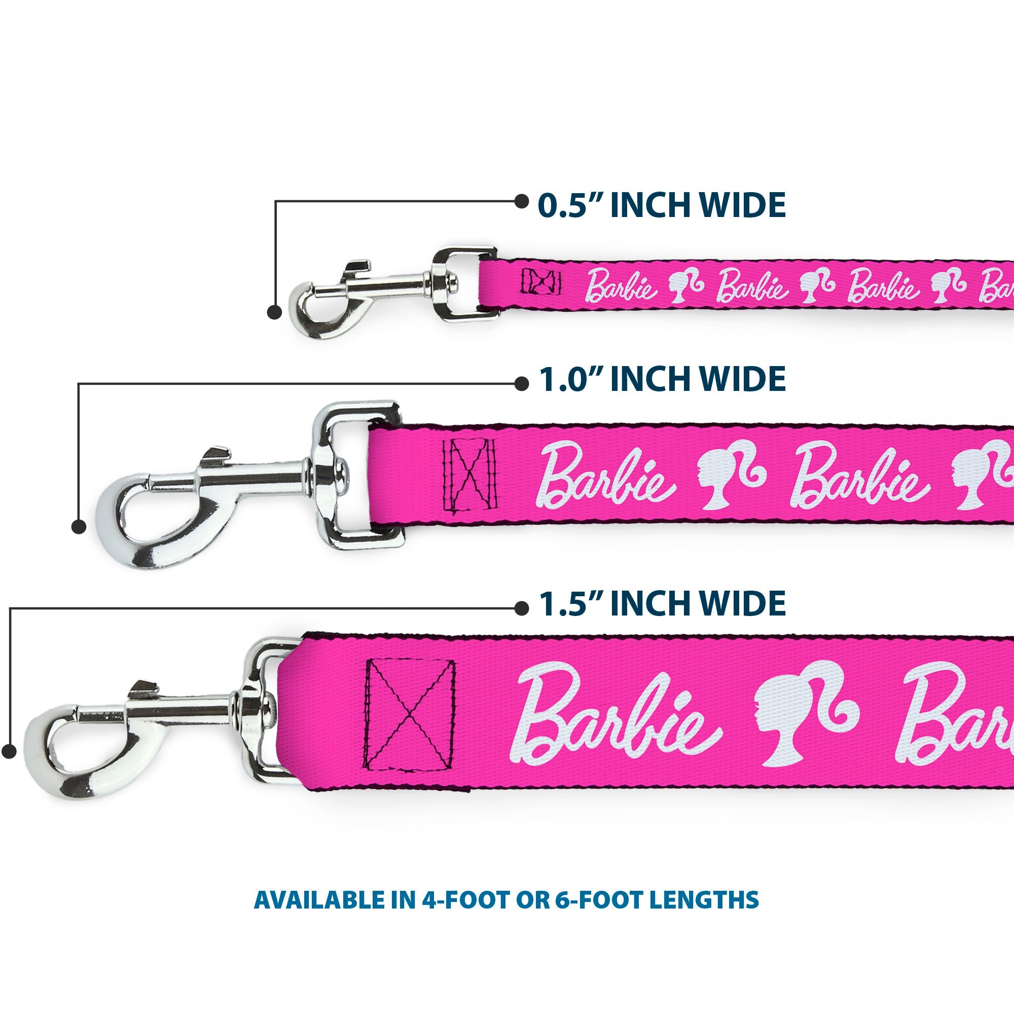 Dog Leash - BARBIE Script Signature Logo and Silhouette Hot Pink/White - HT Animal Supply