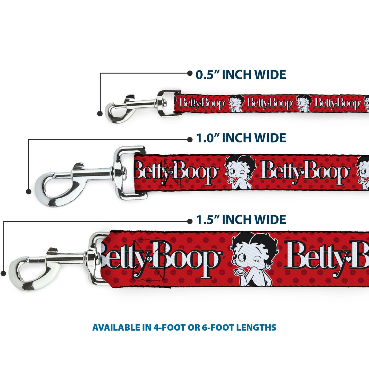 Dog Leash - BETTY BOOP Winking Kiss Pose and Text Reds/Black/White - HT Animal Supply