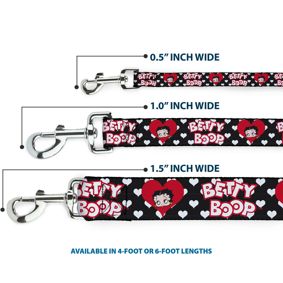 Dog Leash - BETTY BOOP Face and Text Hearts Black/White/Red - HT Animal Supply