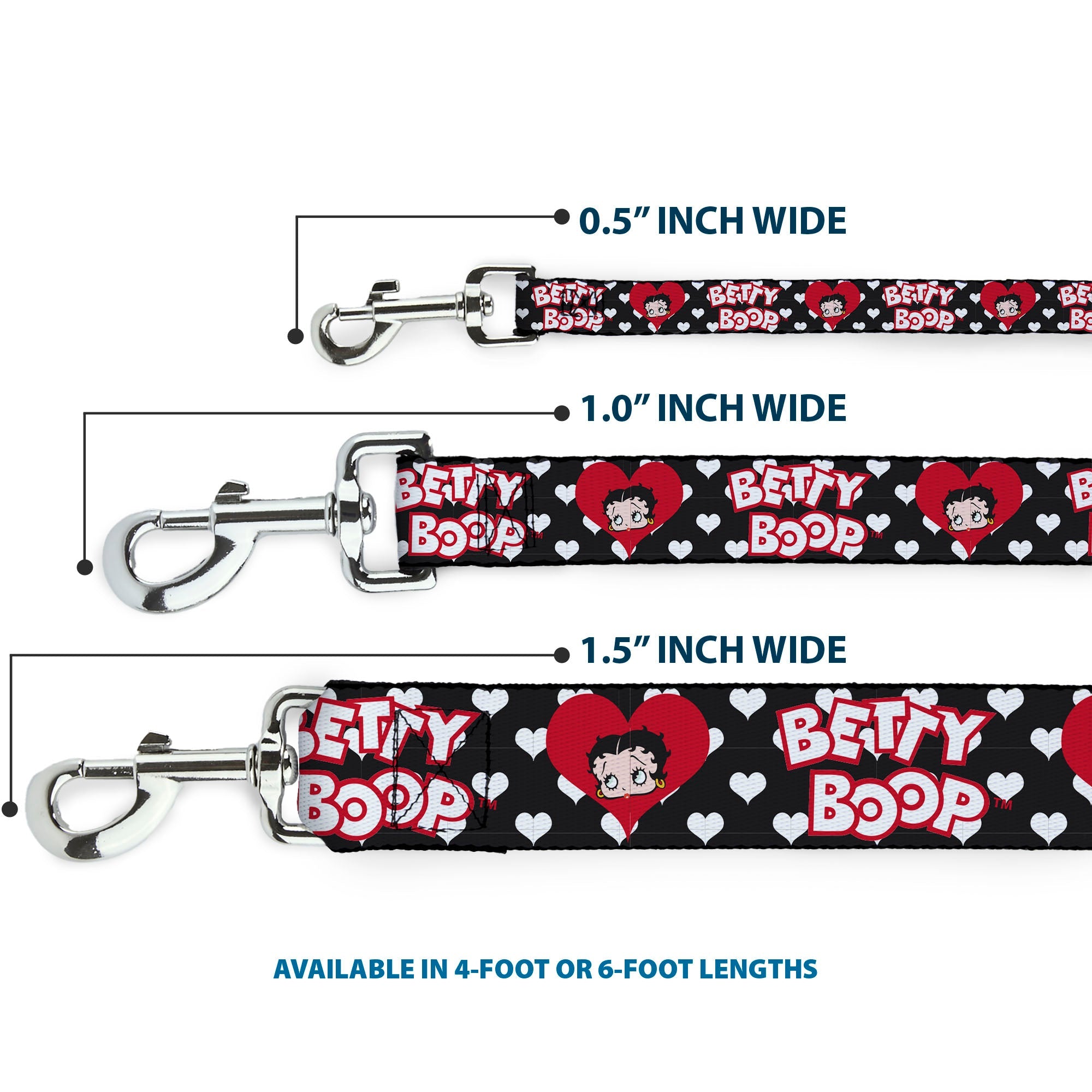 Dog Leash - BETTY BOOP Face and Text Hearts Black/White/Red - HT Animal Supply