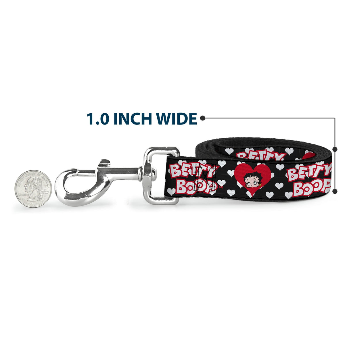 Dog Leash - BETTY BOOP Face and Text Hearts Black/White/Red - HT Animal Supply